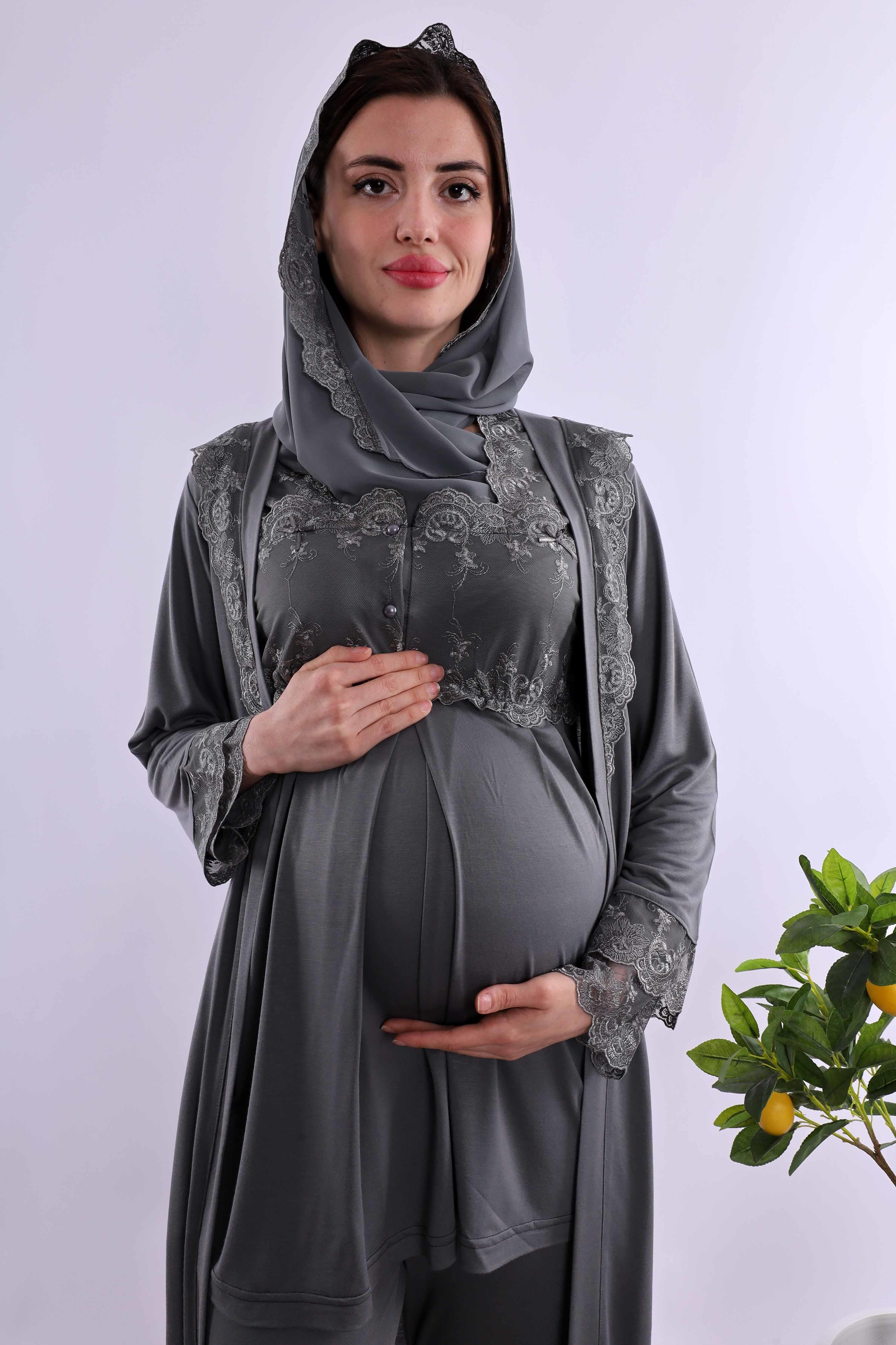 Effortt Füme Tesettürlü Uzun Sabahlıklı Hamile Lohusa Pijama Takımı BYL2T24072