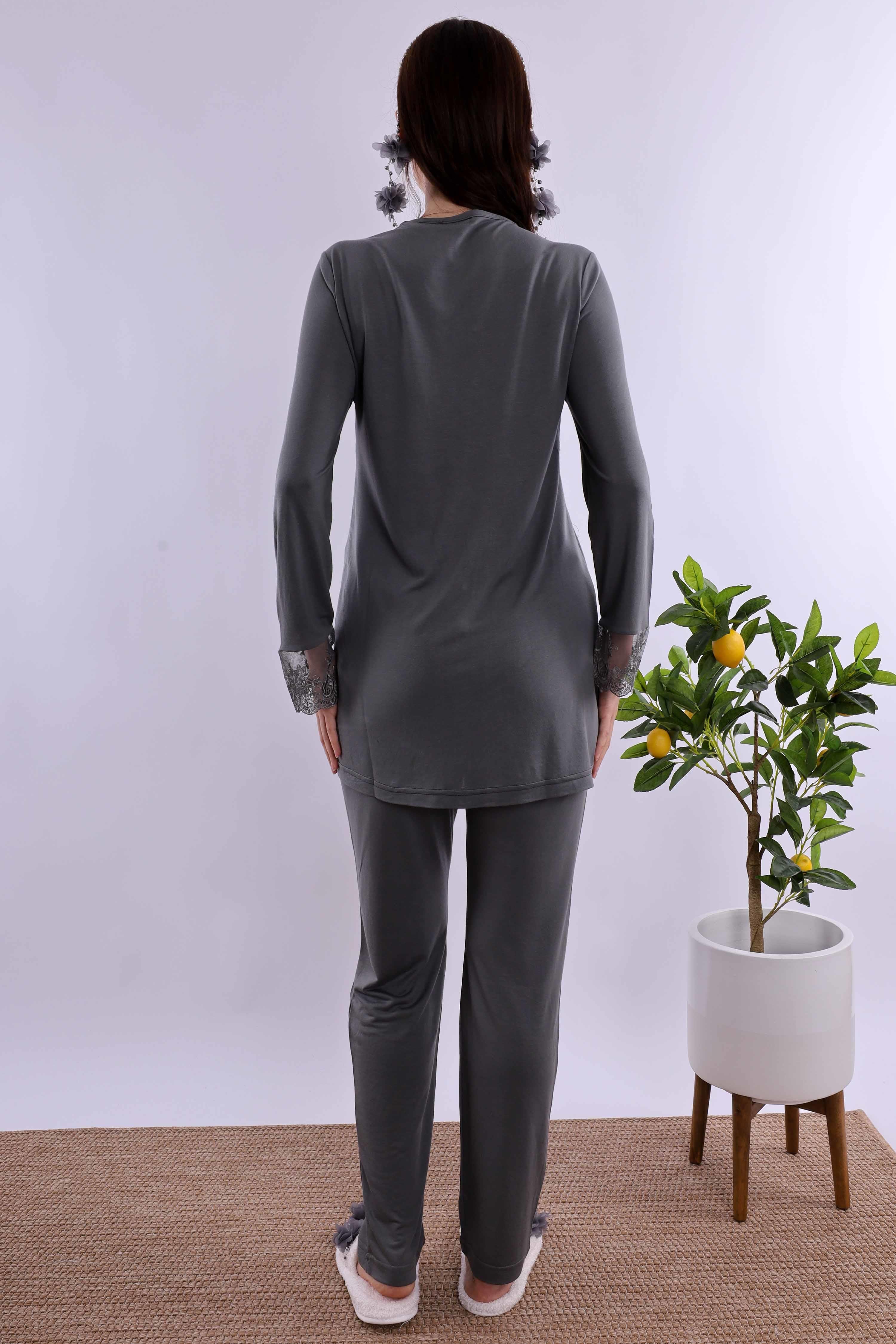 Effortt Füme Tesettürlü Uzun Sabahlıklı Hamile Lohusa Pijama Takımı BYL2T24072