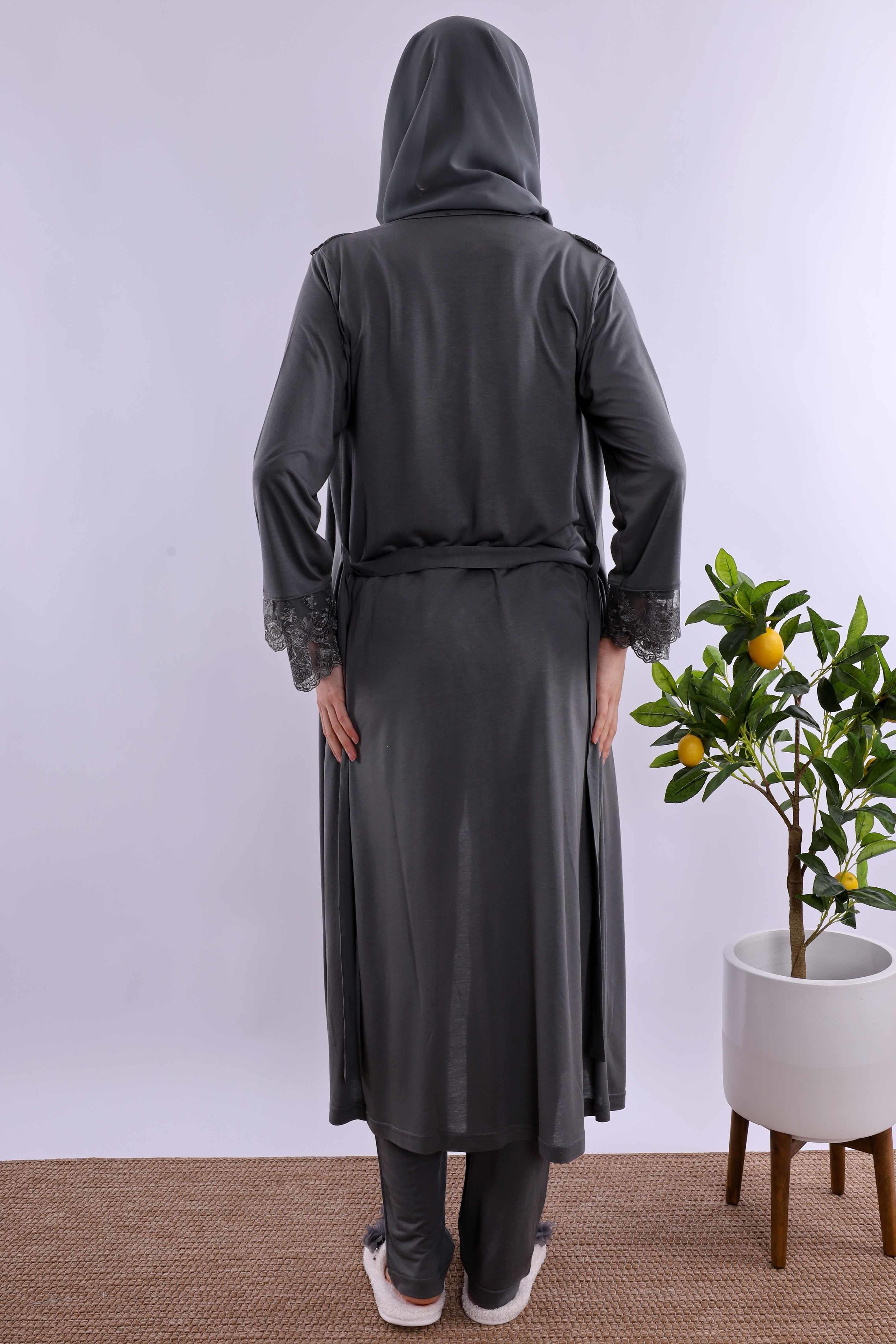 Effortt Füme Tesettürlü Uzun Sabahlıklı Hamile Lohusa Pijama Takımı BYL2T24072