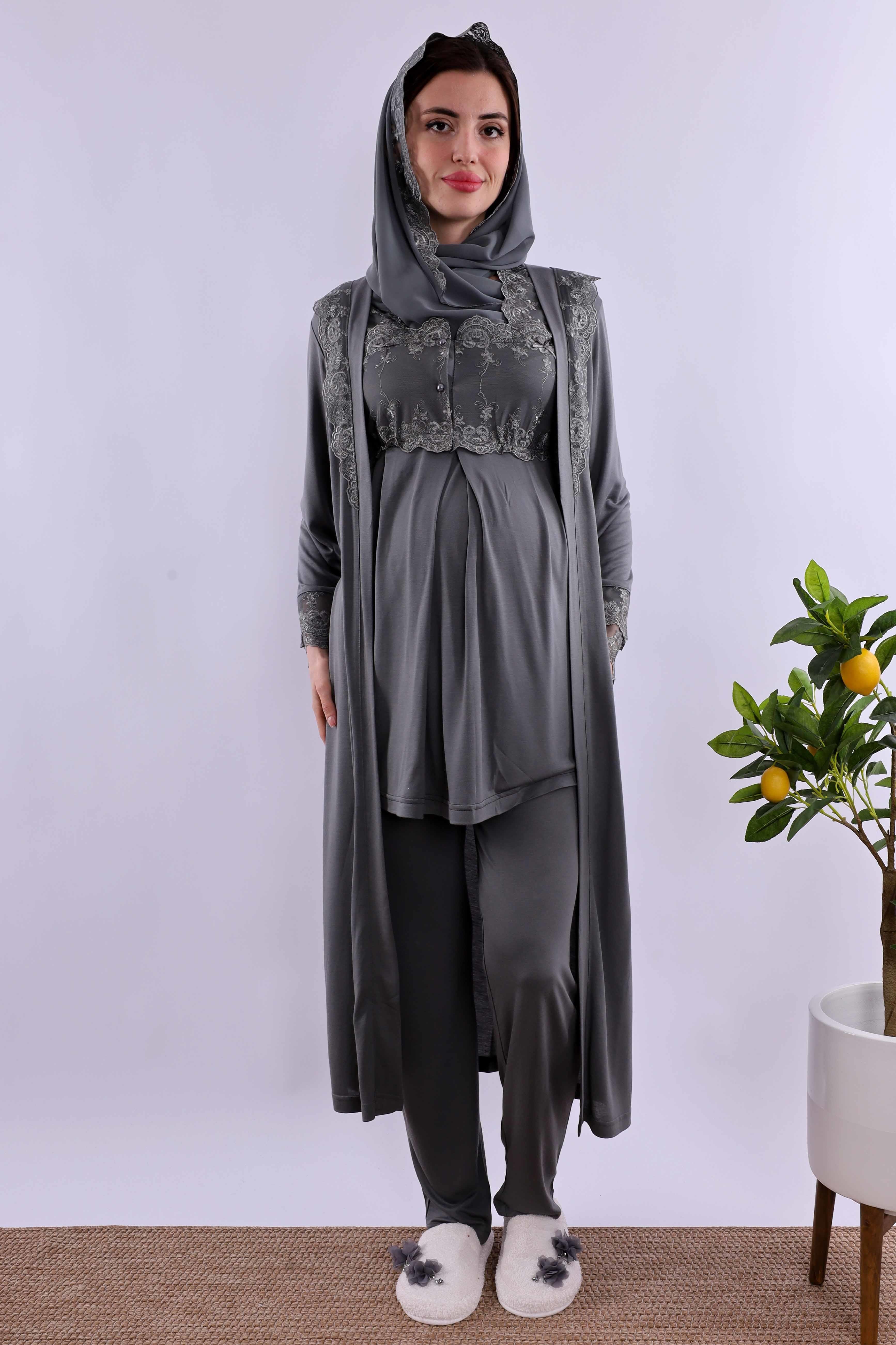 Effortt Füme Tesettürlü Uzun Sabahlıklı Hamile Lohusa Pijama Takımı BYL2T24072