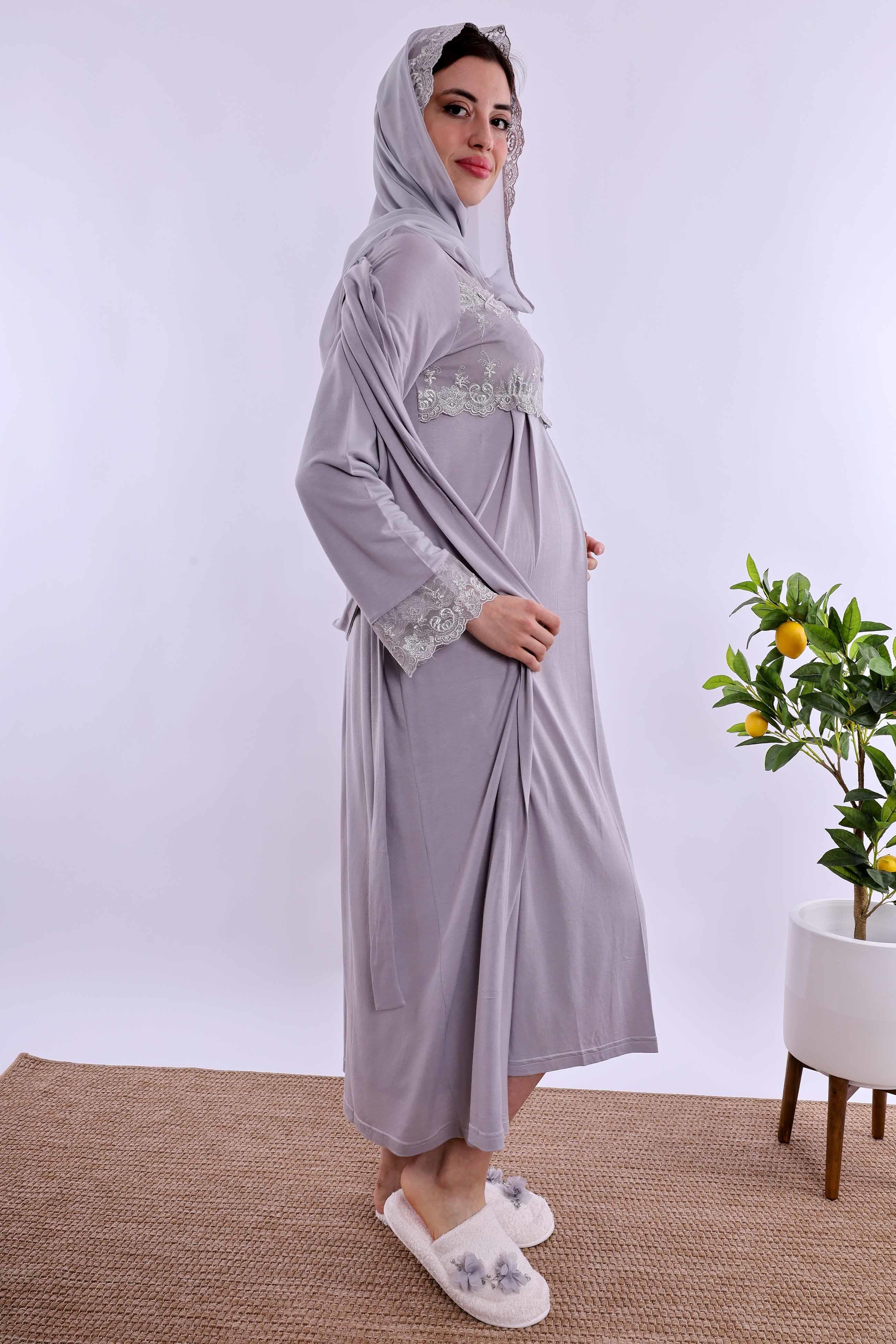 Effortt Gri Tesettürlü Hamile Lohusa Set BYL2T24052