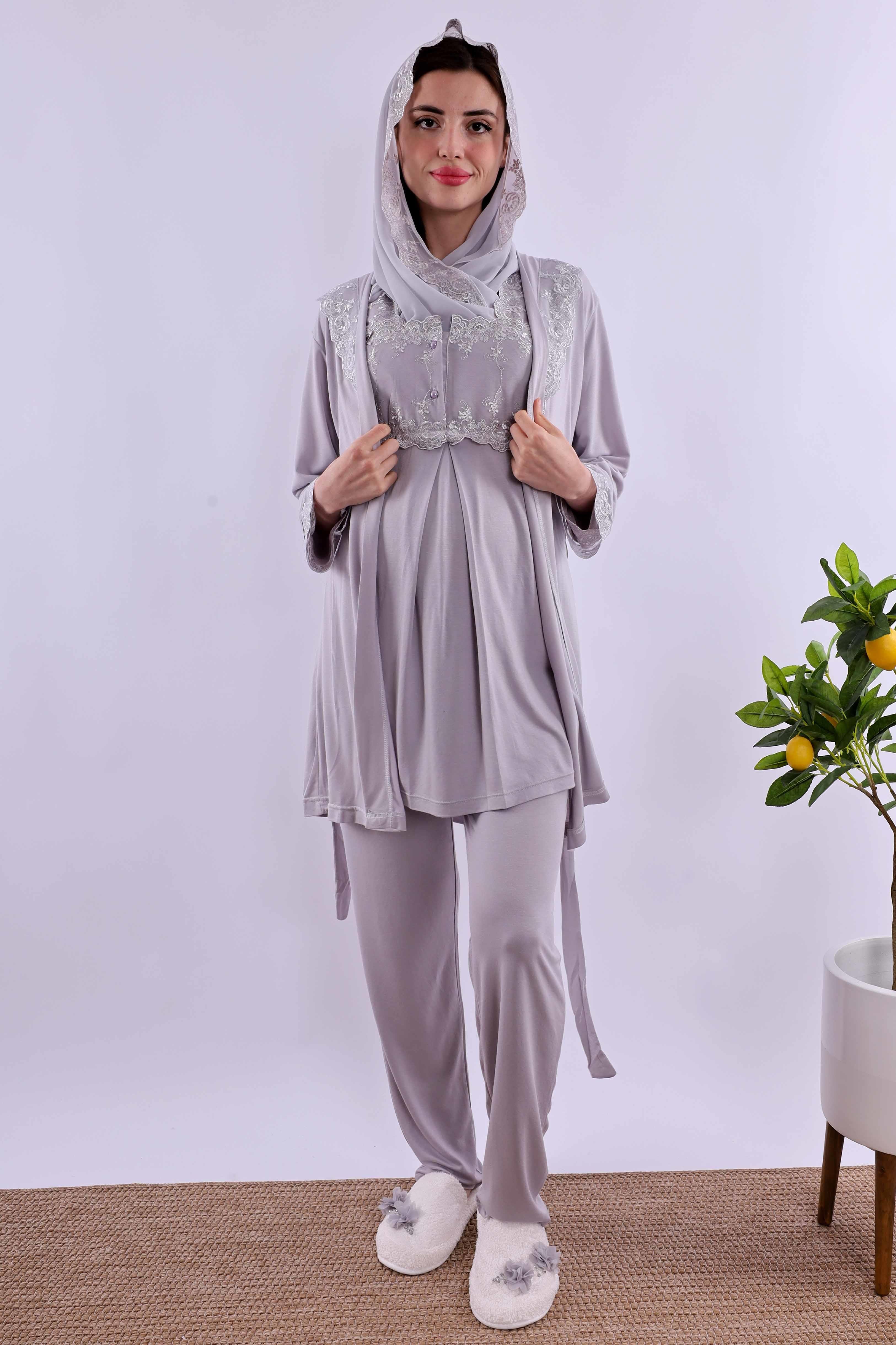 Effortt Gri Tesettürlü Sabahlıklı Hamile Lohusa Pijama Takımı BYL2T24012