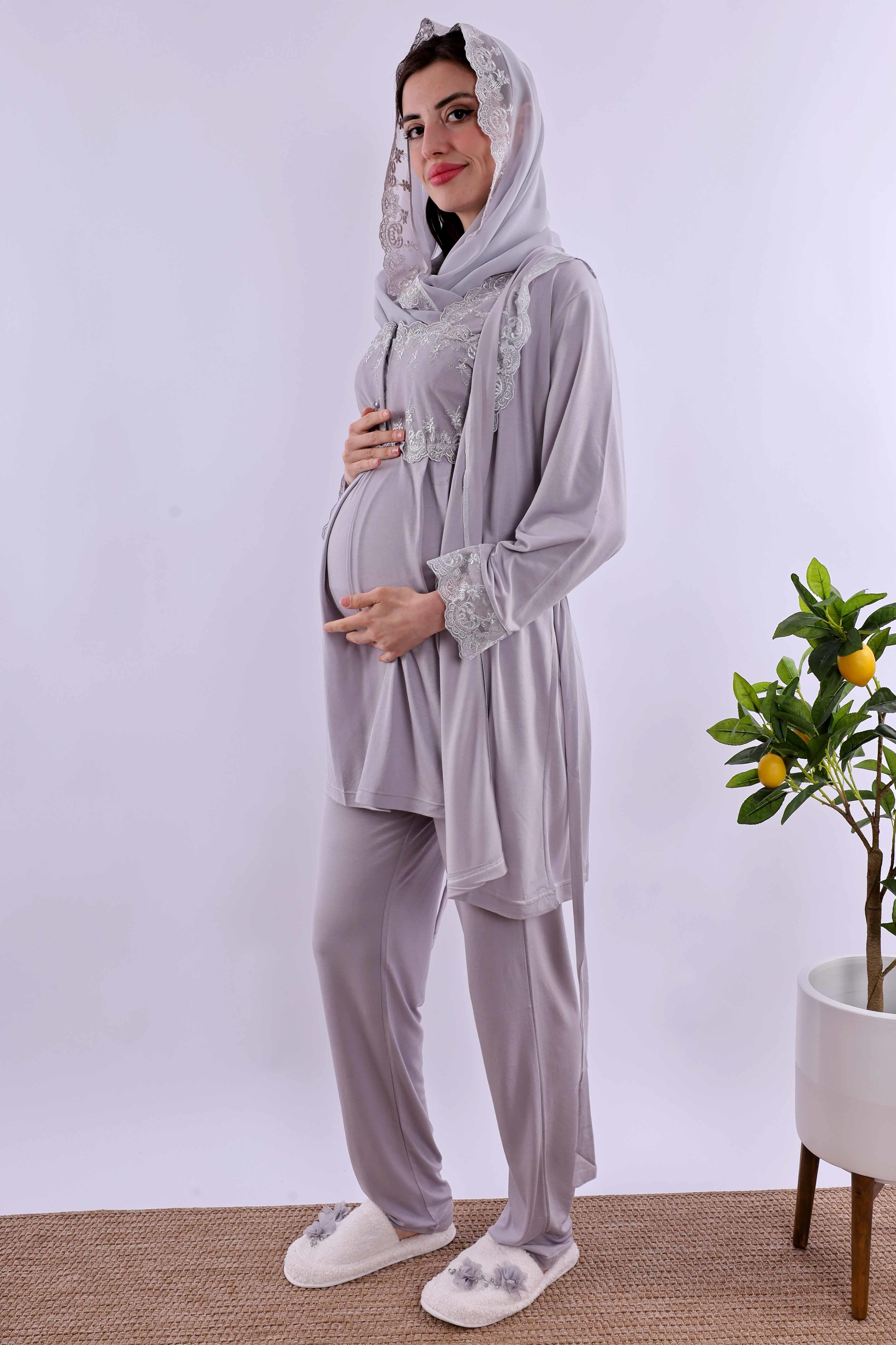 Effortt Gri Tesettürlü Sabahlıklı Hamile Lohusa Pijama Takımı BYL2T24012