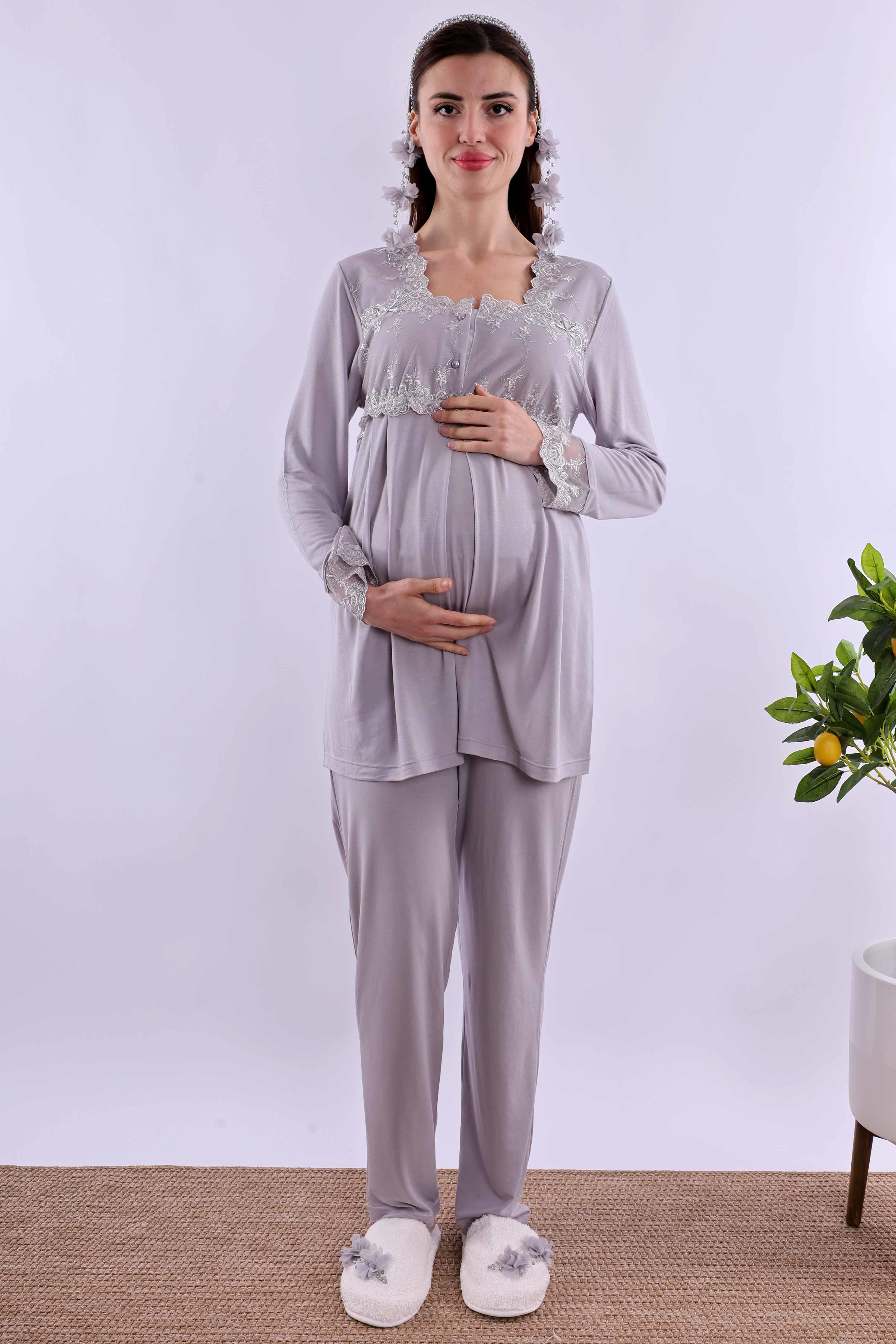Effortt Gri Tesettürlü Sabahlıklı Hamile Lohusa Pijama Takımı BYL2T24012