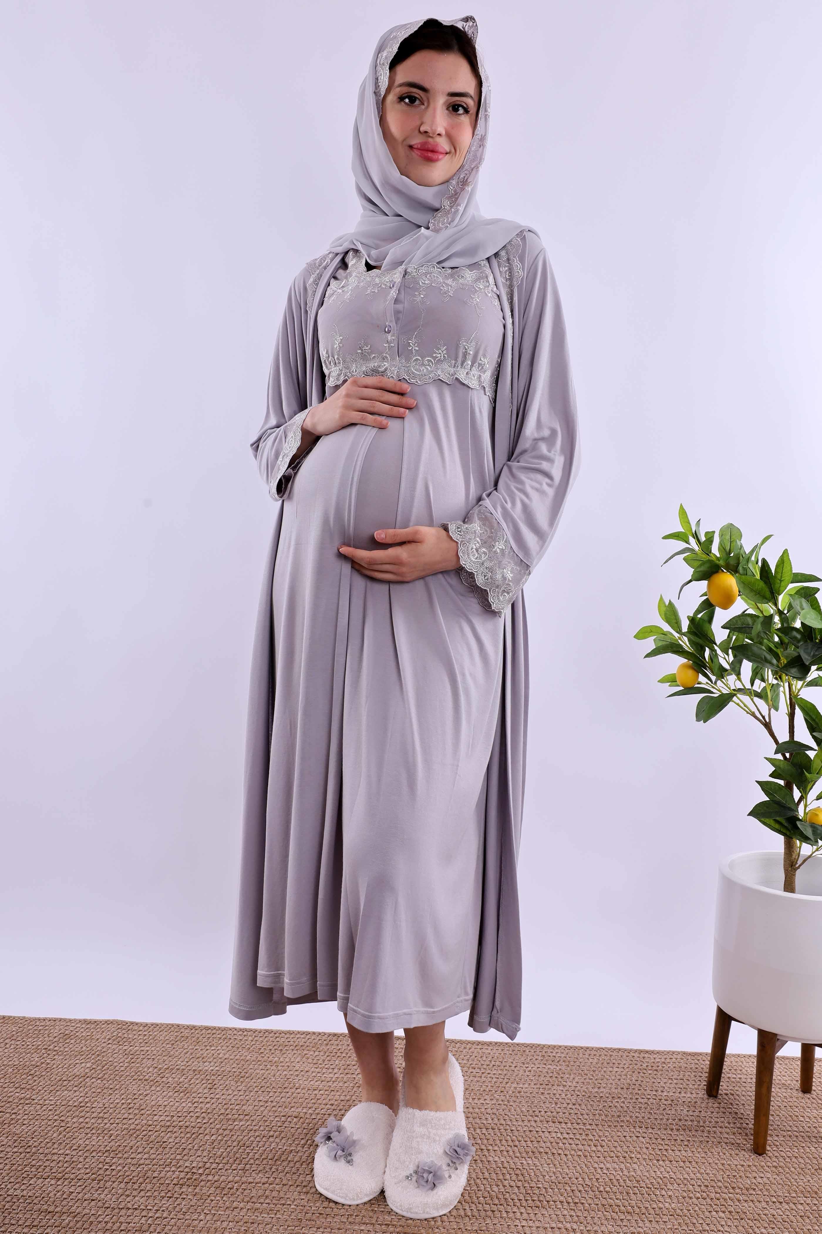 Effortt Gri Tesettürlü Sabahlıklı Hamile Lohusa Gecelik Takım BYL2T24022