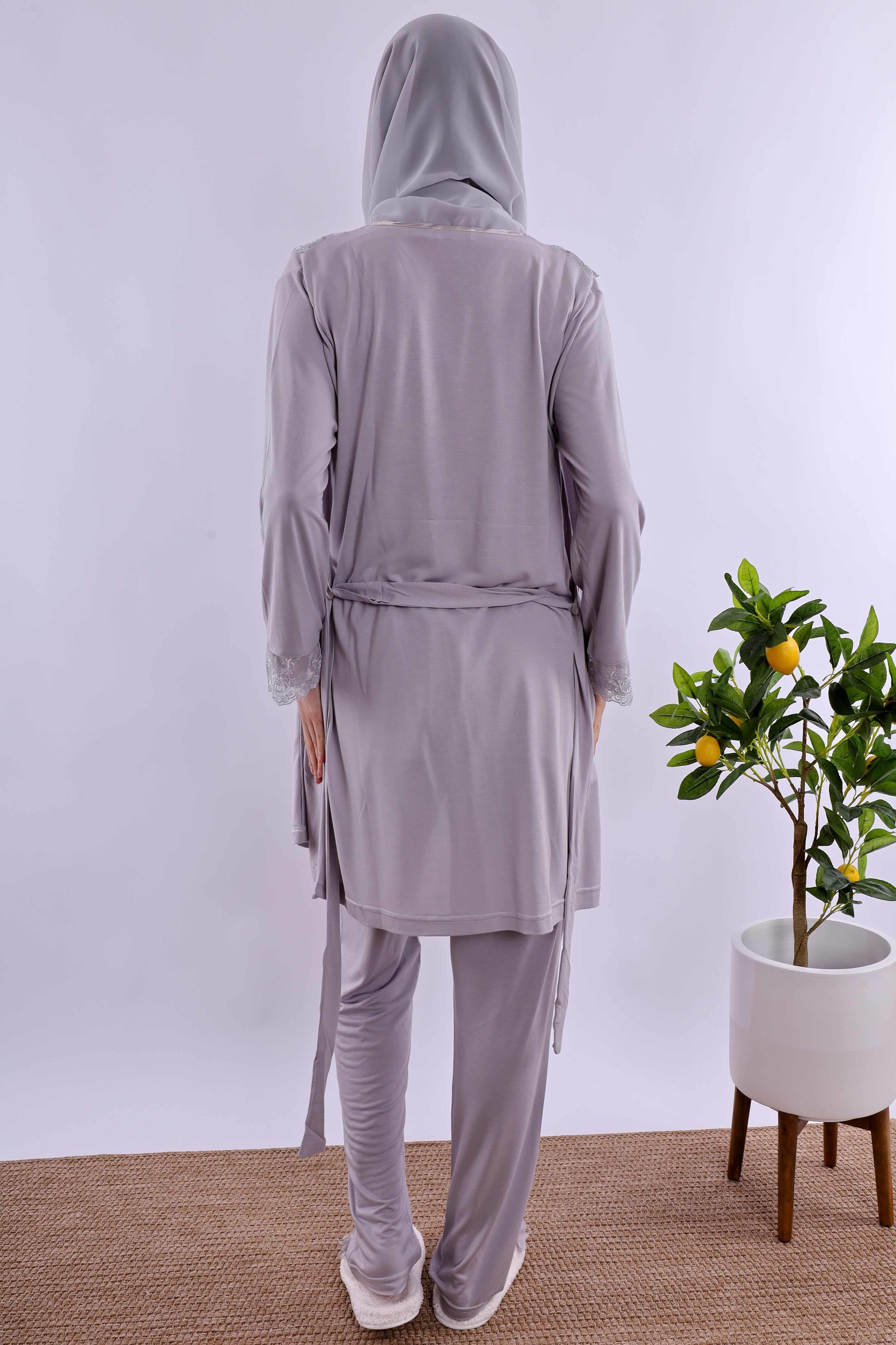 Effortt Gri Tesettürlü Sabahlıklı Hamile Lohusa Pijama Takımı BYL2T24012