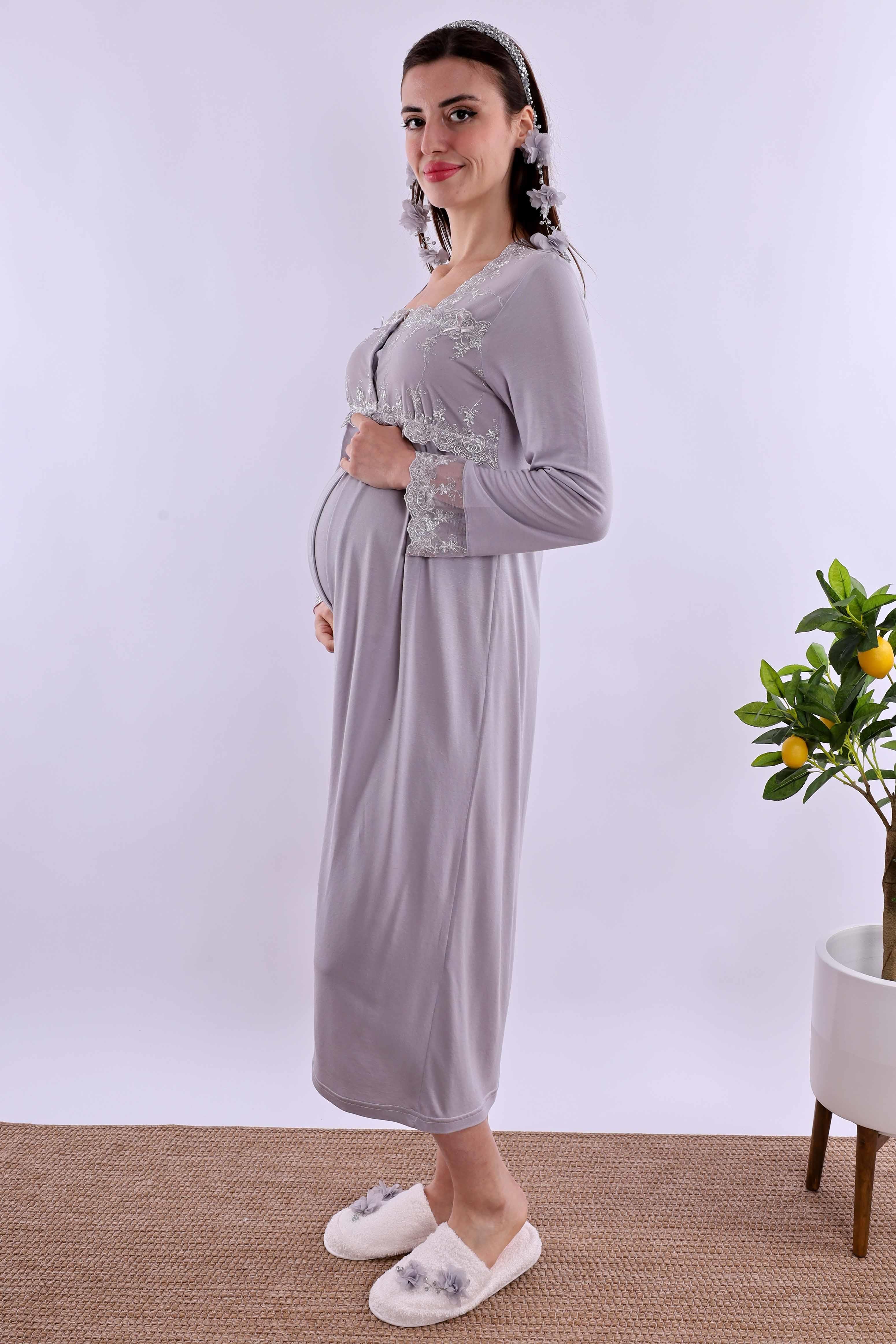 Effortt Gri Tesettürlü Sabahlıklı Hamile Lohusa Gecelik Takım BYL2T24022