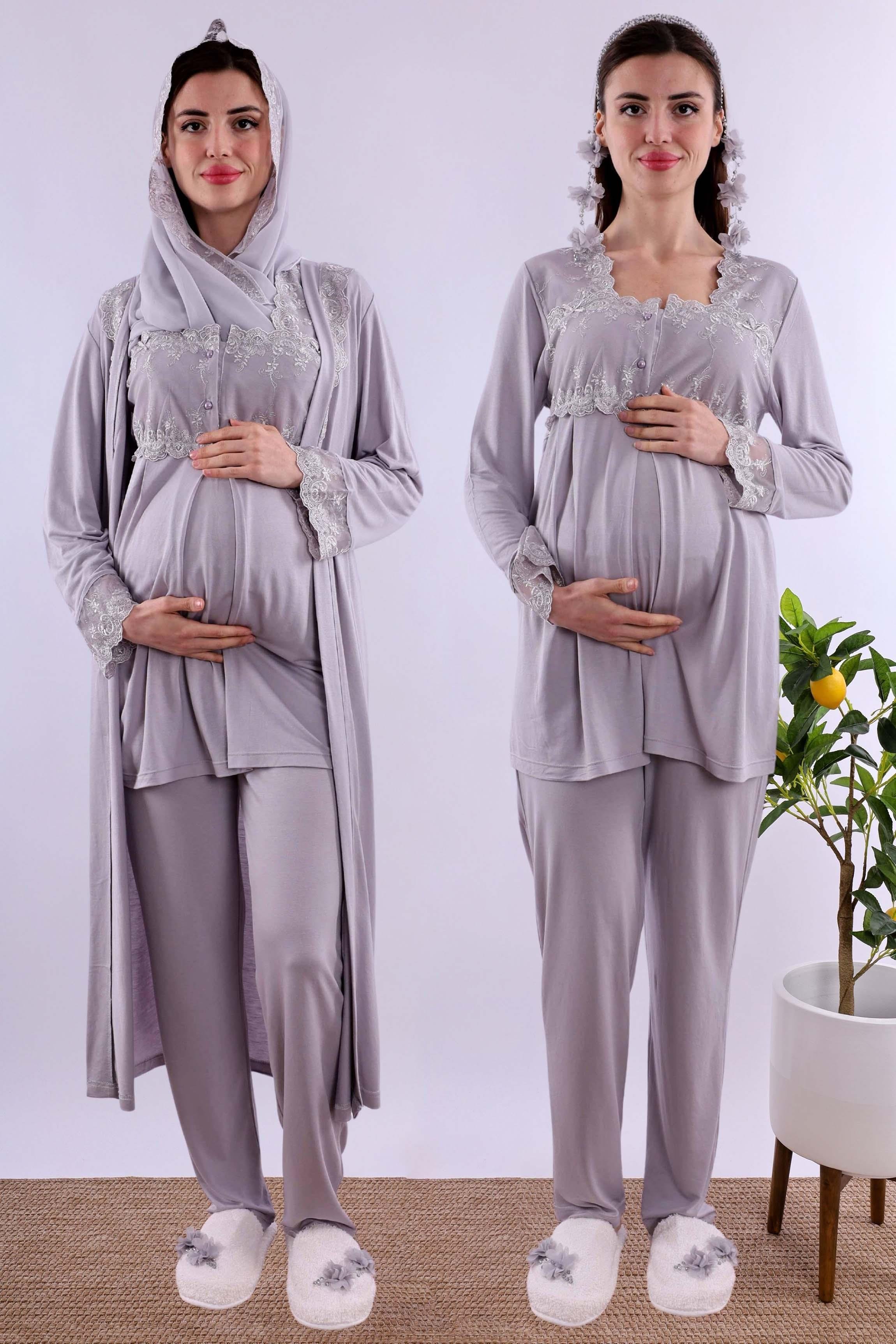 Effortt Gri Tesettürlü Uzun Sabahlıklı Hamile Lohusa Pijama Takımı BYL2T24072