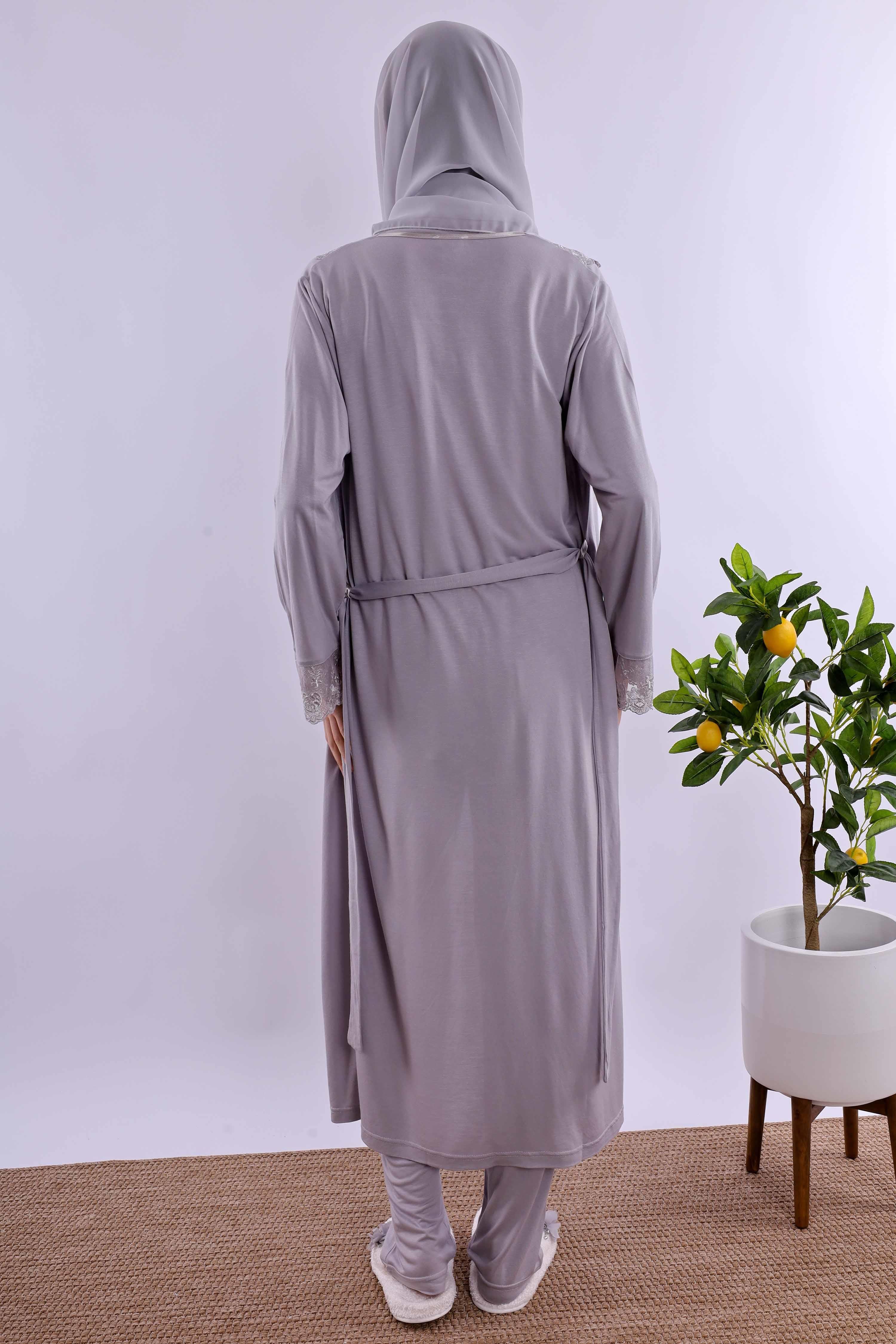 Effortt Gri Tesettürlü Uzun Sabahlıklı Hamile Lohusa Pijama Takımı BYL2T24072