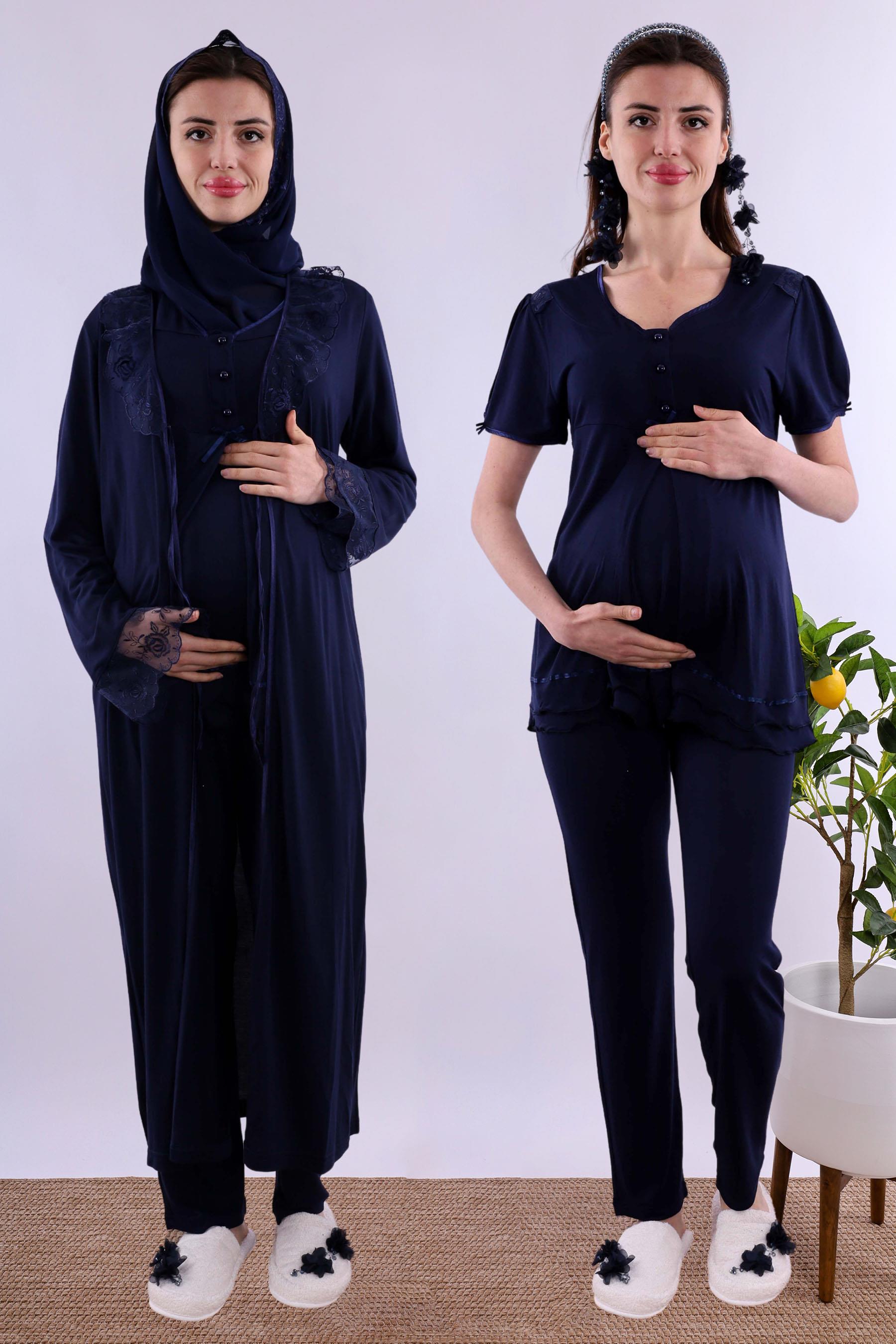Effortt Lacivert Tesettürlü Sabahlıklı Hamile Lohusa Pijama Takımı BYL2T80242