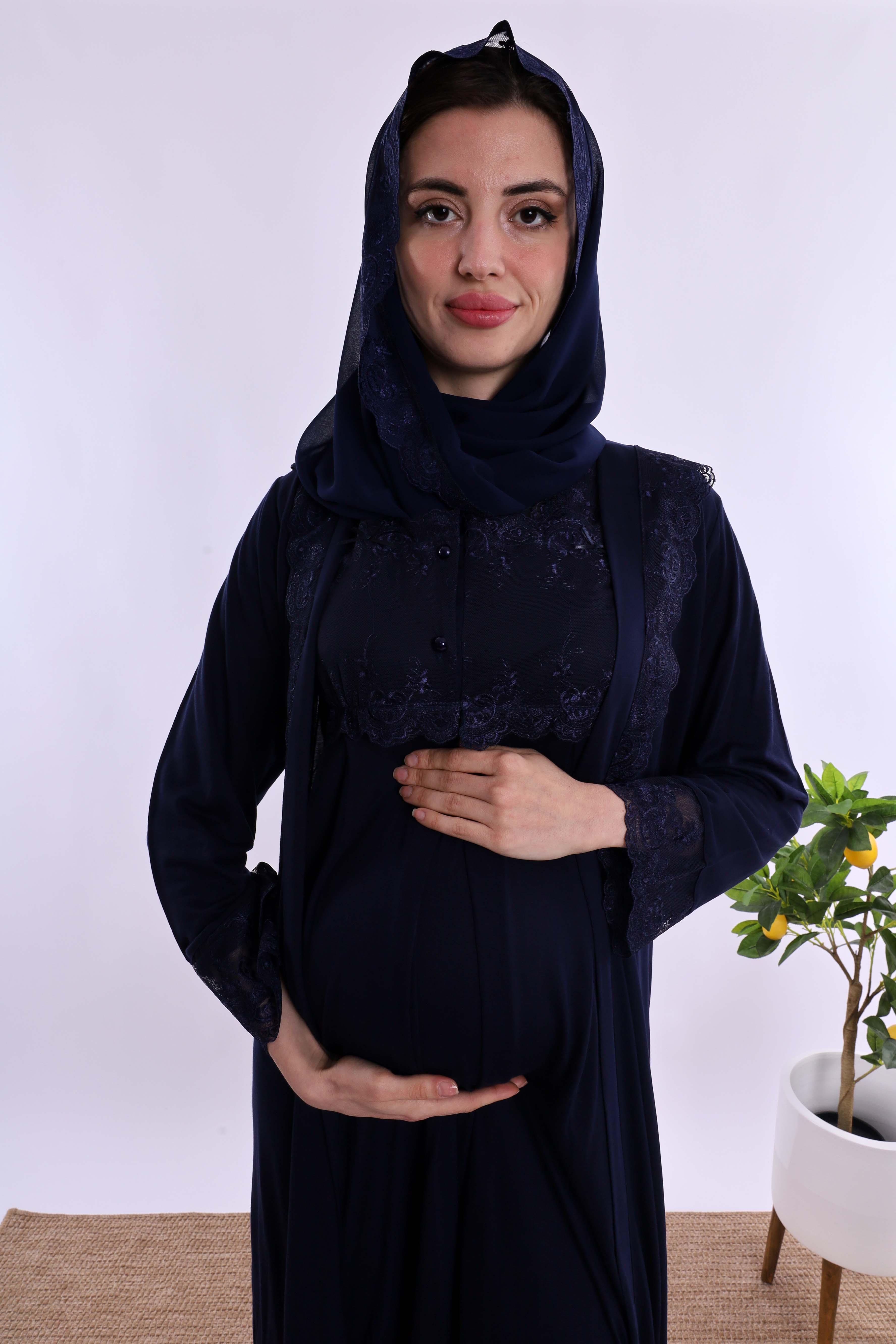 Effortt Lacivert Tesettürlü Sabahlıklı Hamile Lohusa Gecelik Takım BYL2T24022