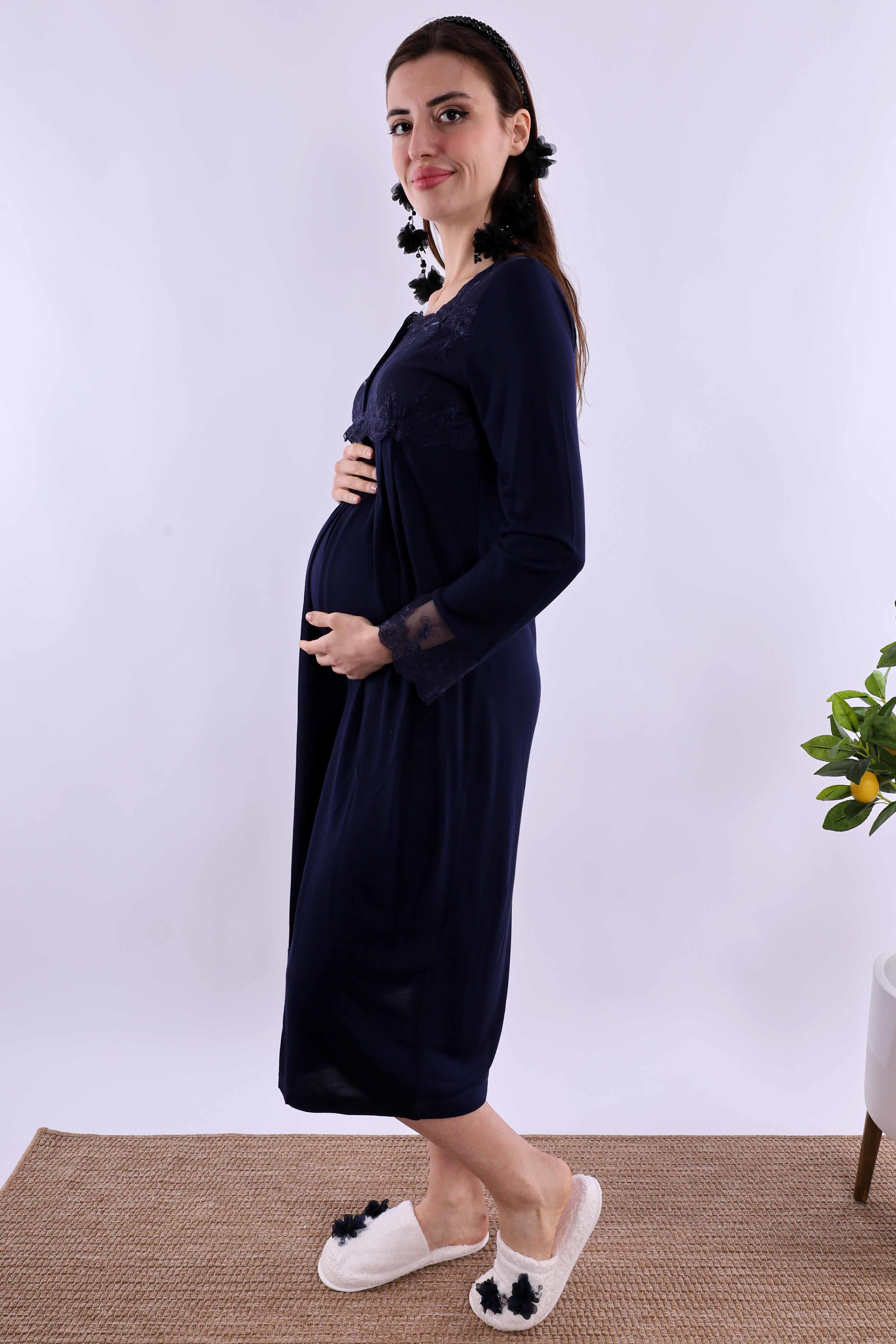 Effortt Lacivert Tesettürlü Sabahlıklı Hamile Lohusa Gecelik Takım BYL2T24022