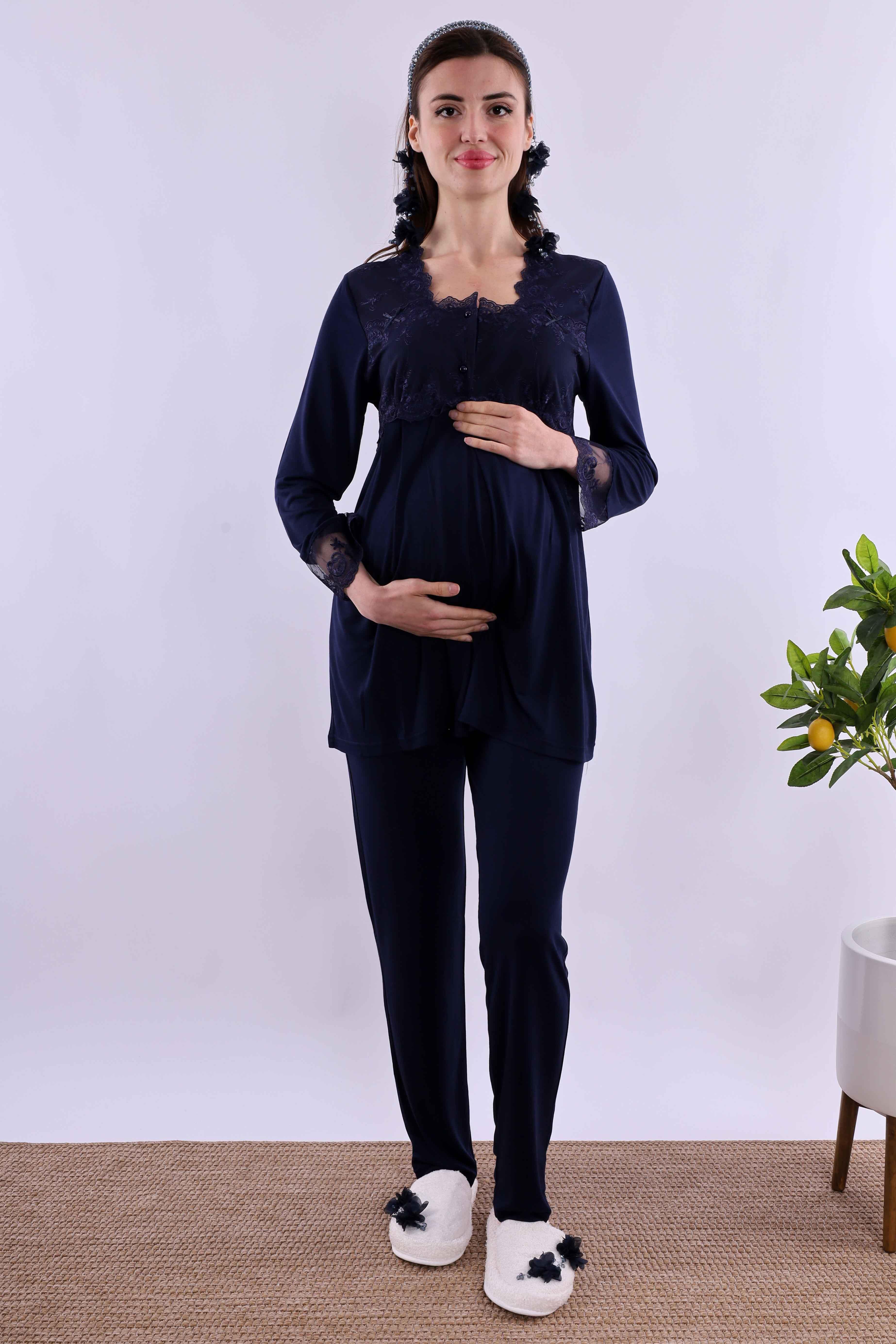 Effortt Lacivert Tesettürlü Sabahlıklı Hamile Lohusa Pijama Takımı BYL2T24012