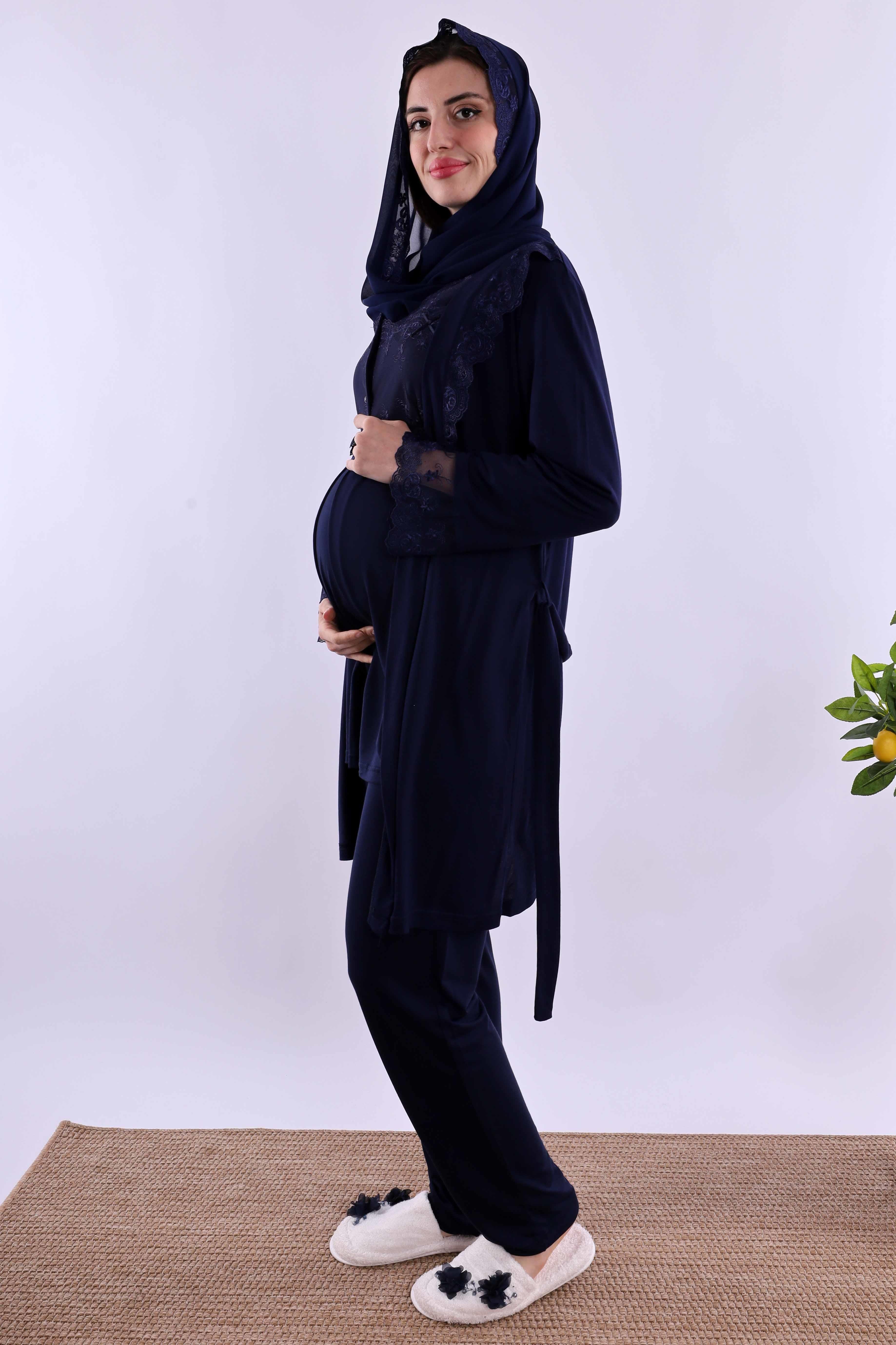 Effortt Lacivert Tesettürlü Sabahlıklı Hamile Lohusa Pijama Takımı BYL2T24012