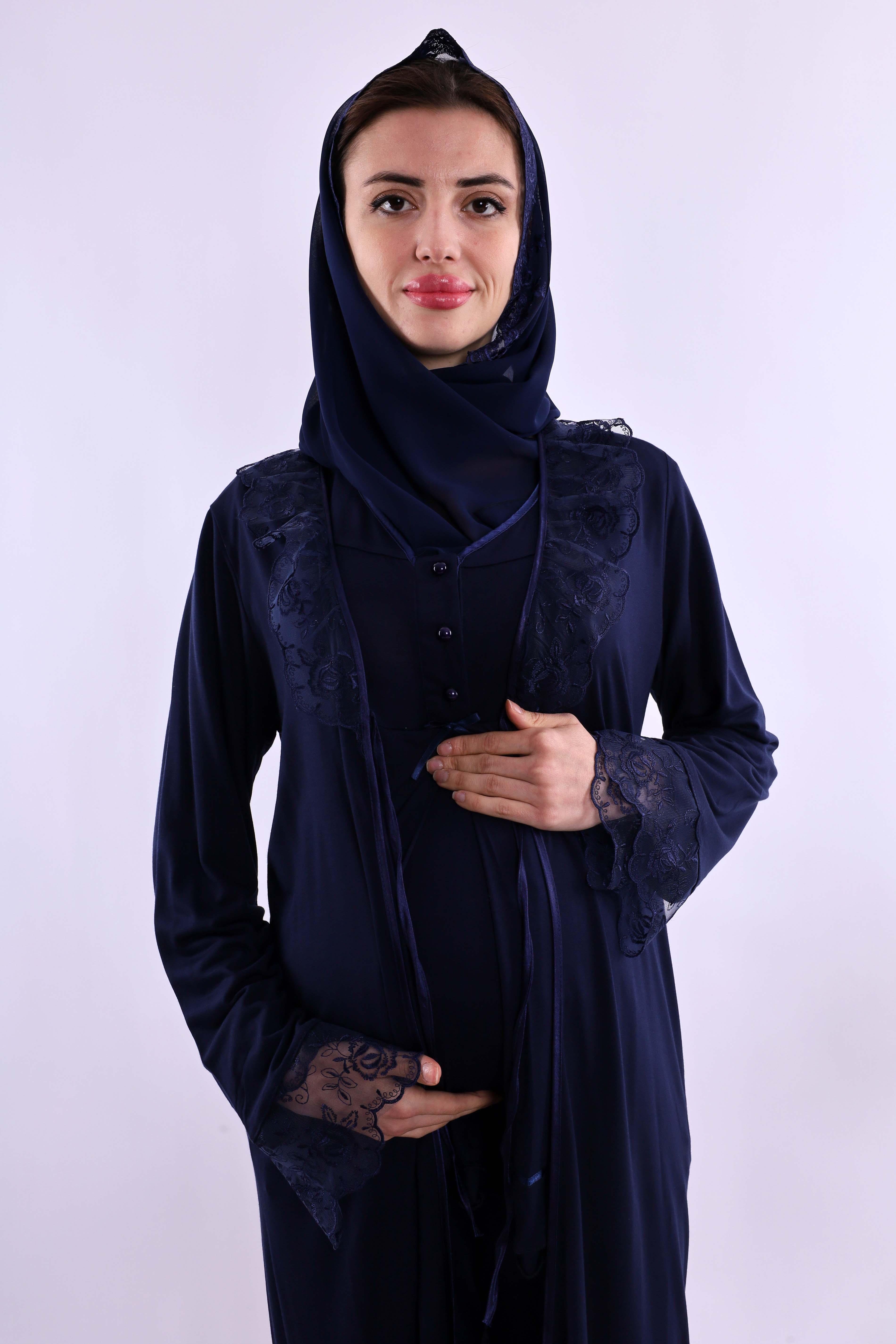 Effortt Lacivert Tesettürlü Sabahlıklı Hamile Lohusa Pijama Takımı BYL2T80242