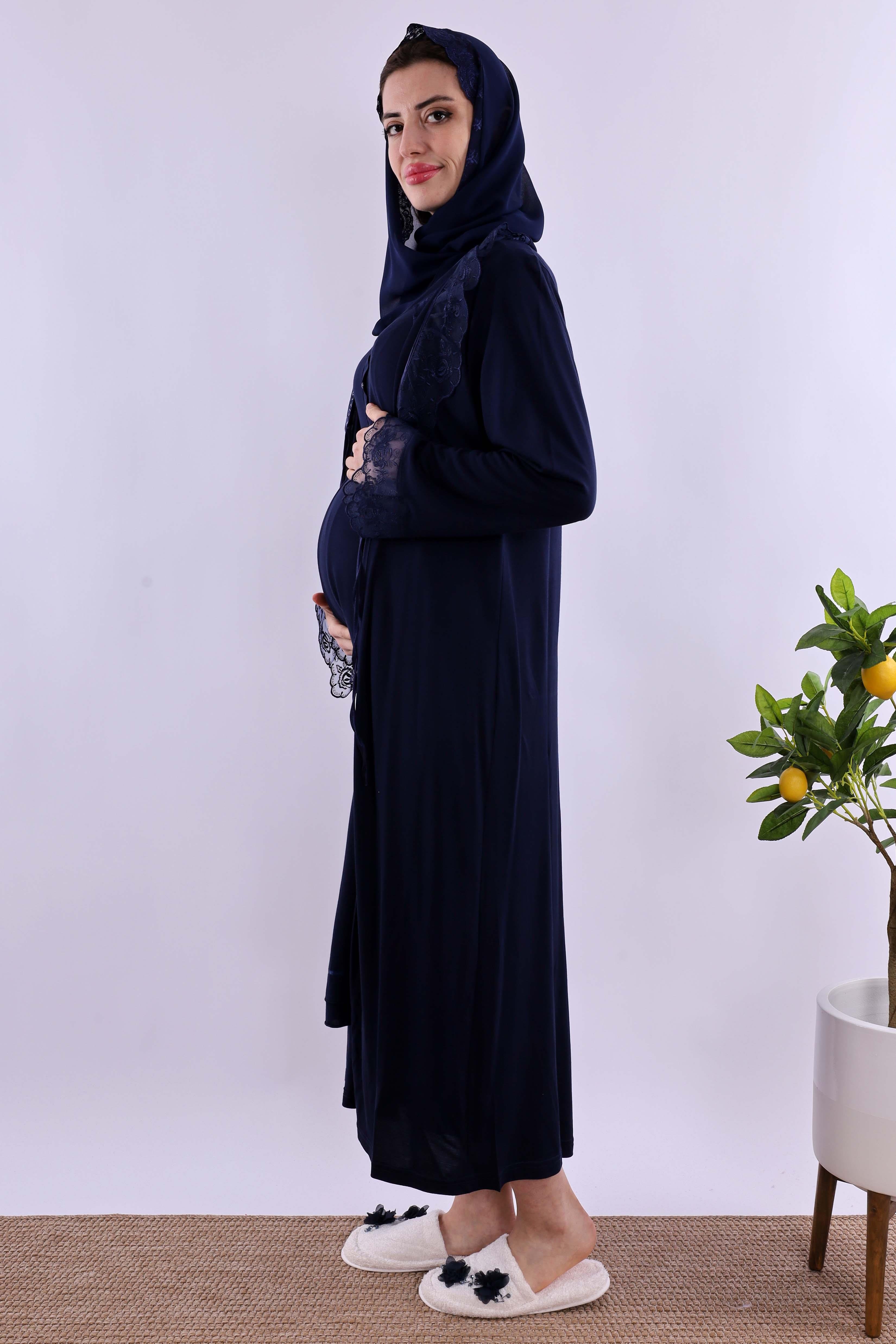 Effortt Lacivert Tesettürlü Sabahlıklı Hamile Lohusa Gecelik Takım BYL2T24252