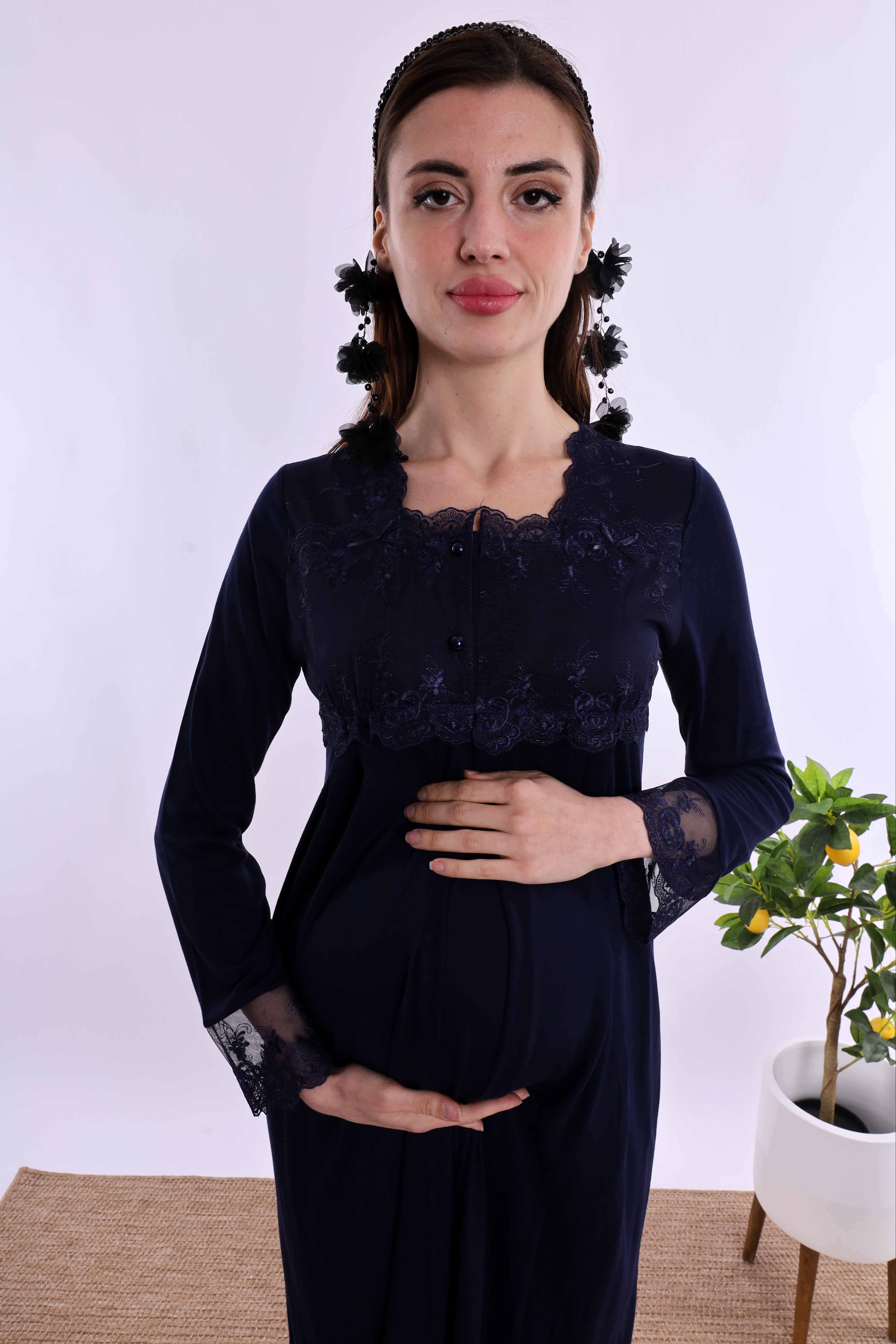 Effortt Lacivert Tesettürlü Sabahlıklı Hamile Lohusa Gecelik Takım BYL2T24022