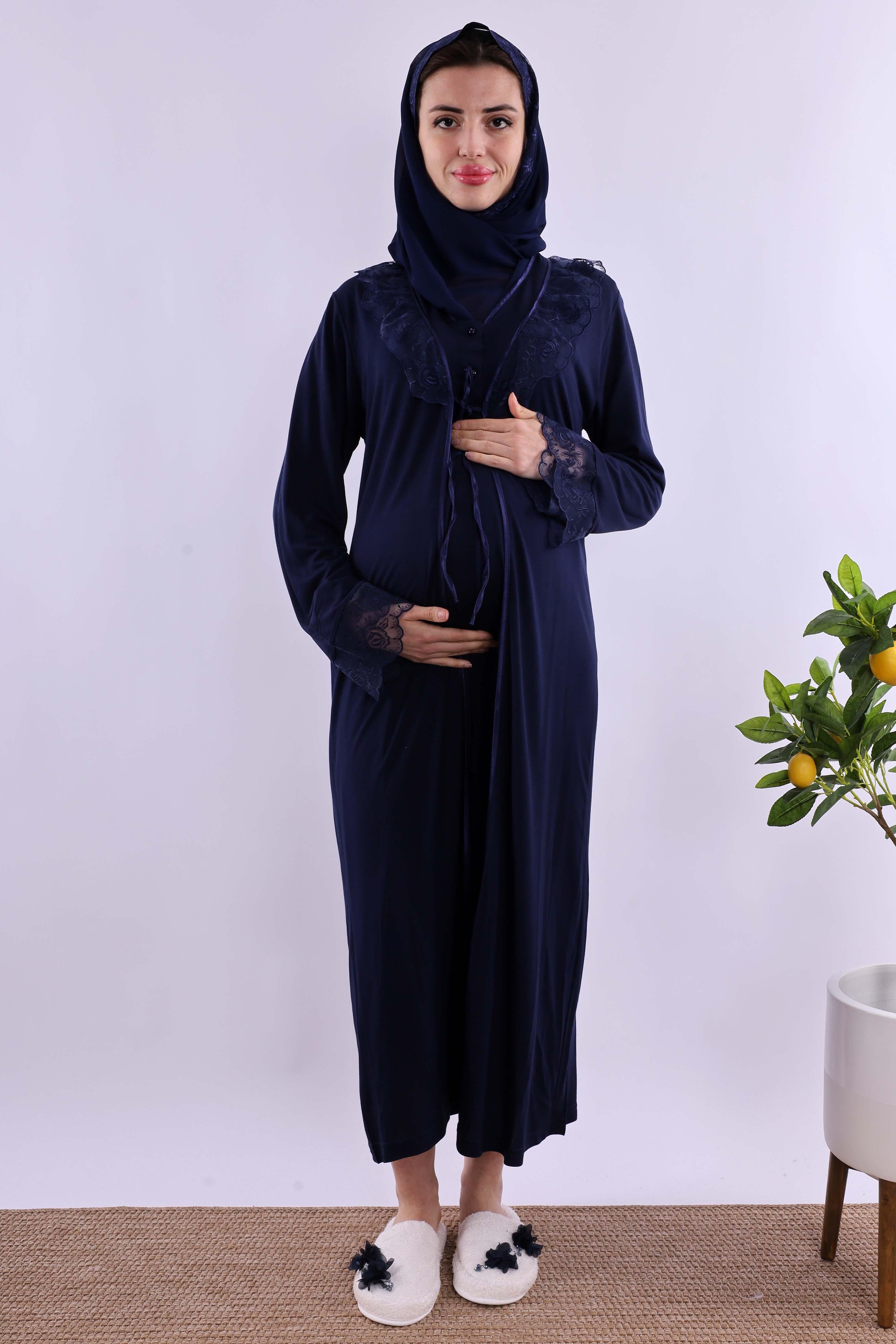 Effortt Lacivert Tesettürlü Sabahlıklı Hamile Lohusa Gecelik Takım BYL2T24252