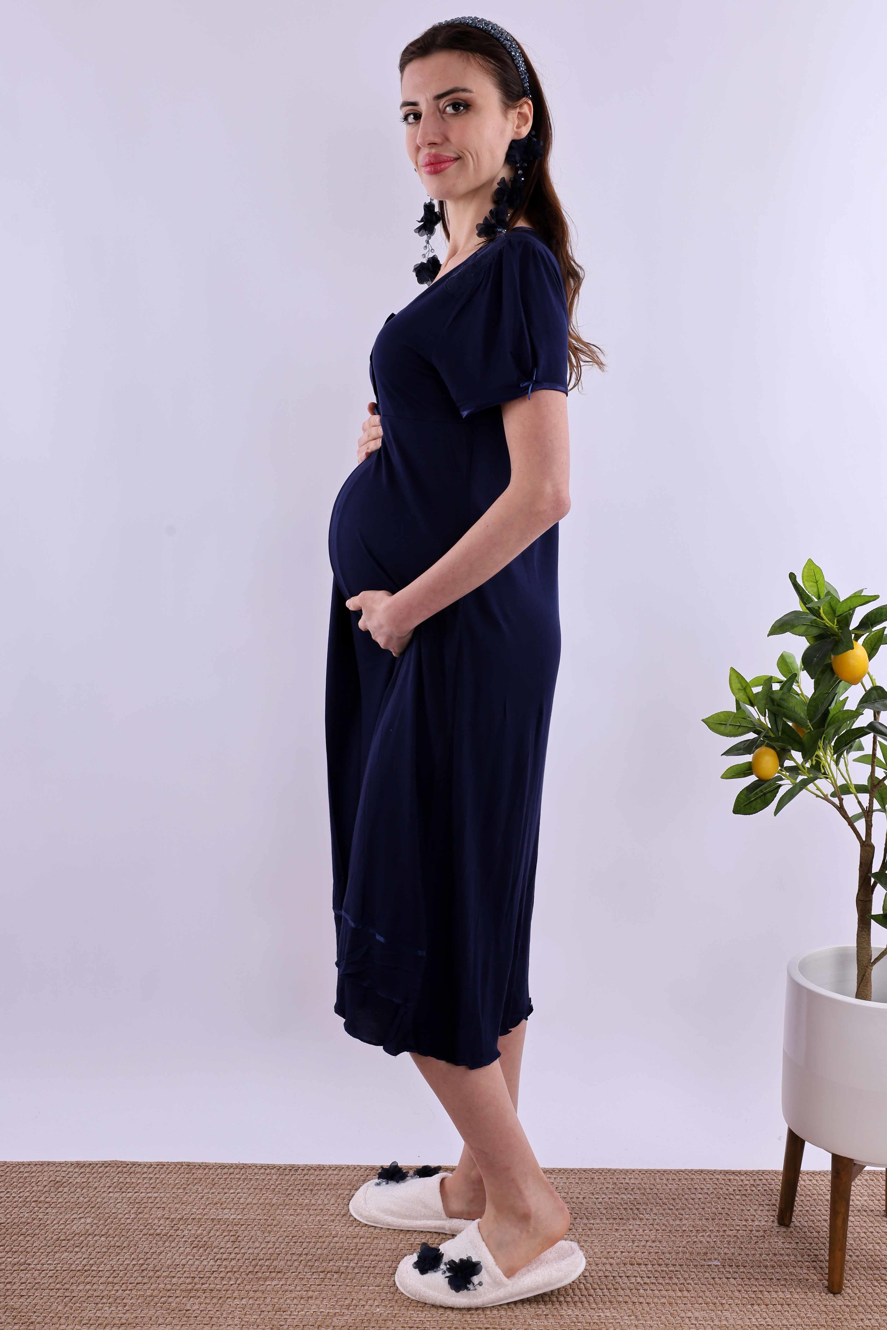 Effortt Lacivert Tesettürlü Sabahlıklı Hamile Lohusa Gecelik Takım BYL2T80252