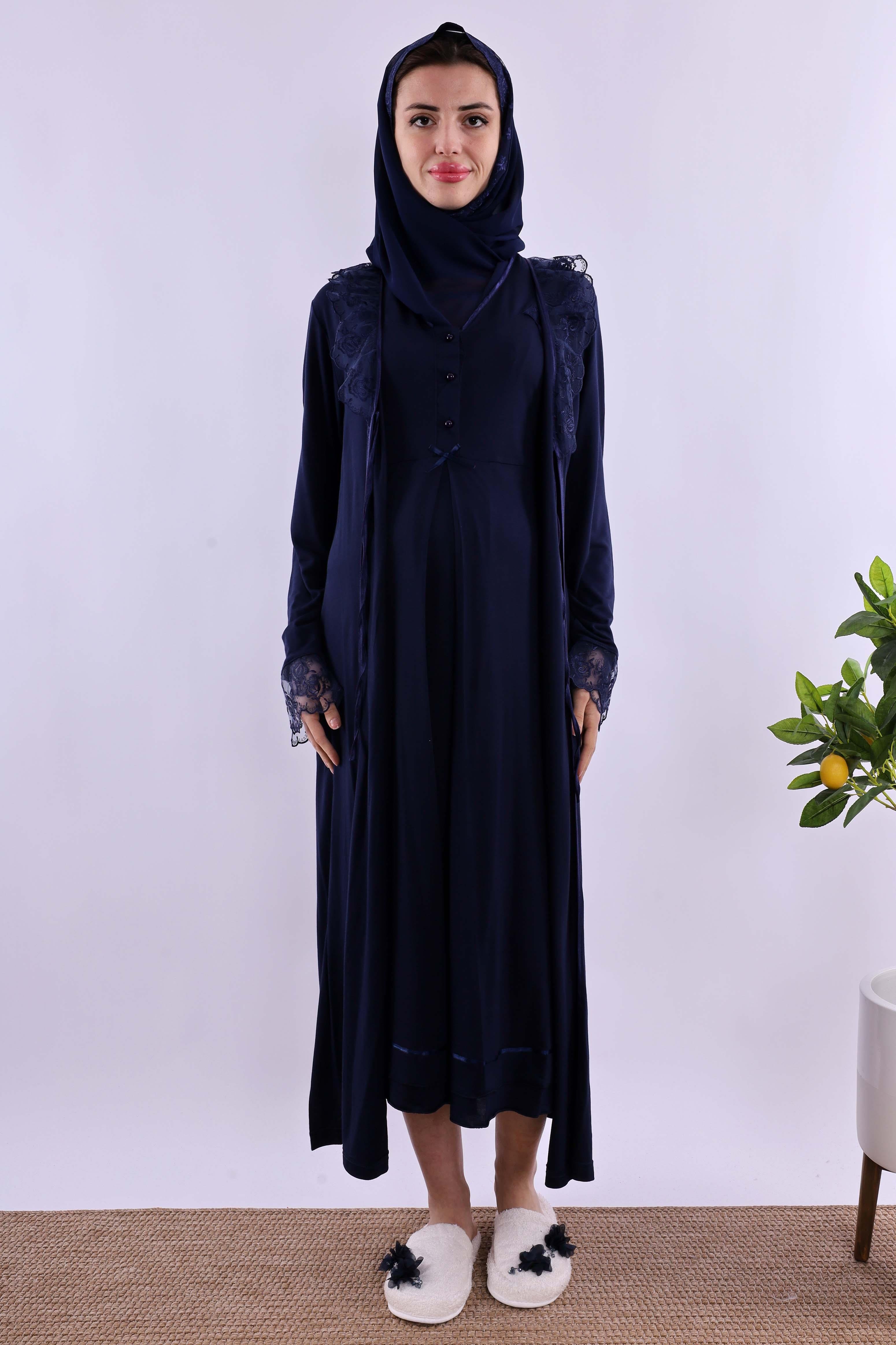 Effortt Lacivert Tesettürlü Sabahlıklı Hamile Lohusa Gecelik Takım BYL2T80252