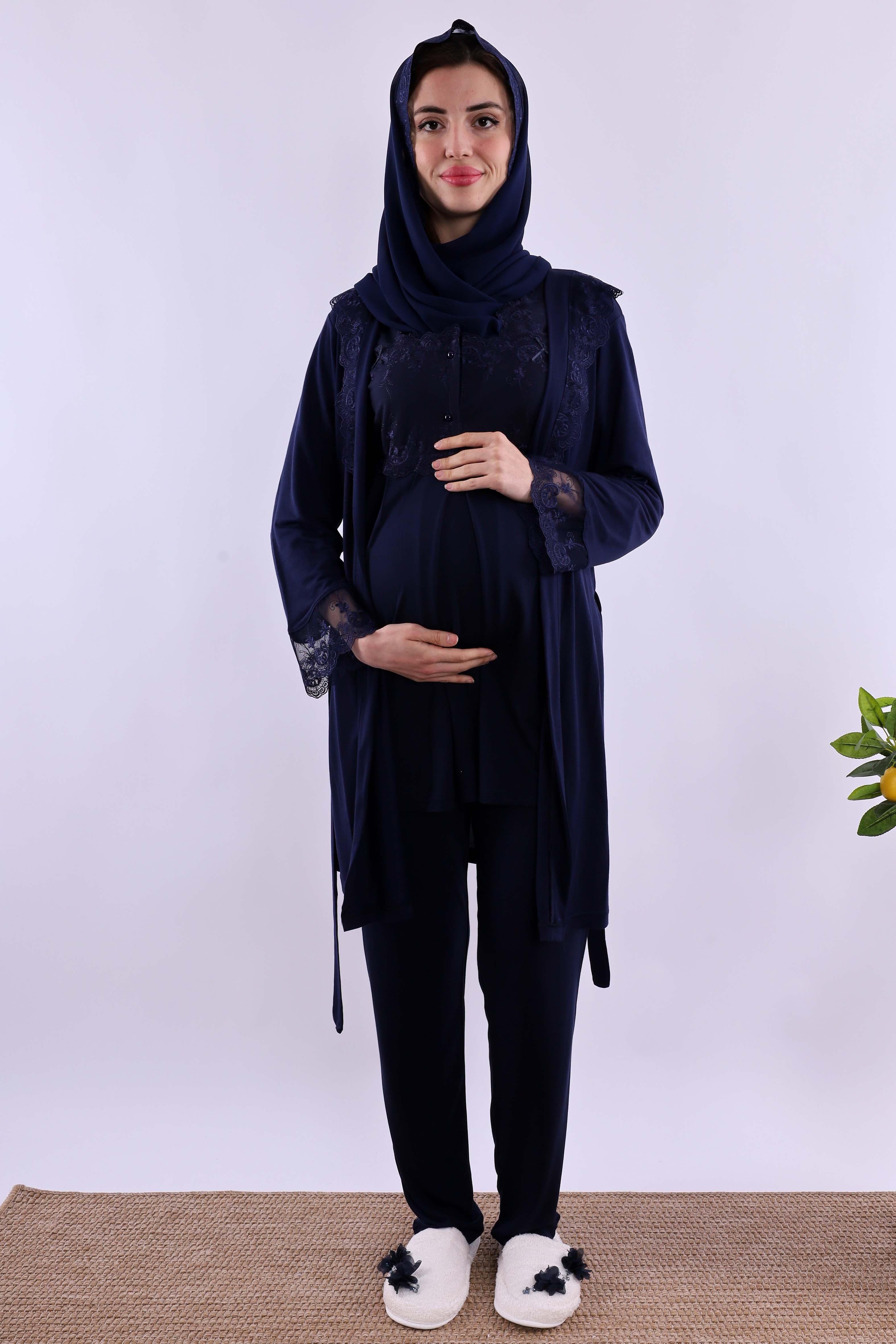 Effortt Lacivert Tesettürlü Sabahlıklı Hamile Lohusa Pijama Takımı BYL2T24012