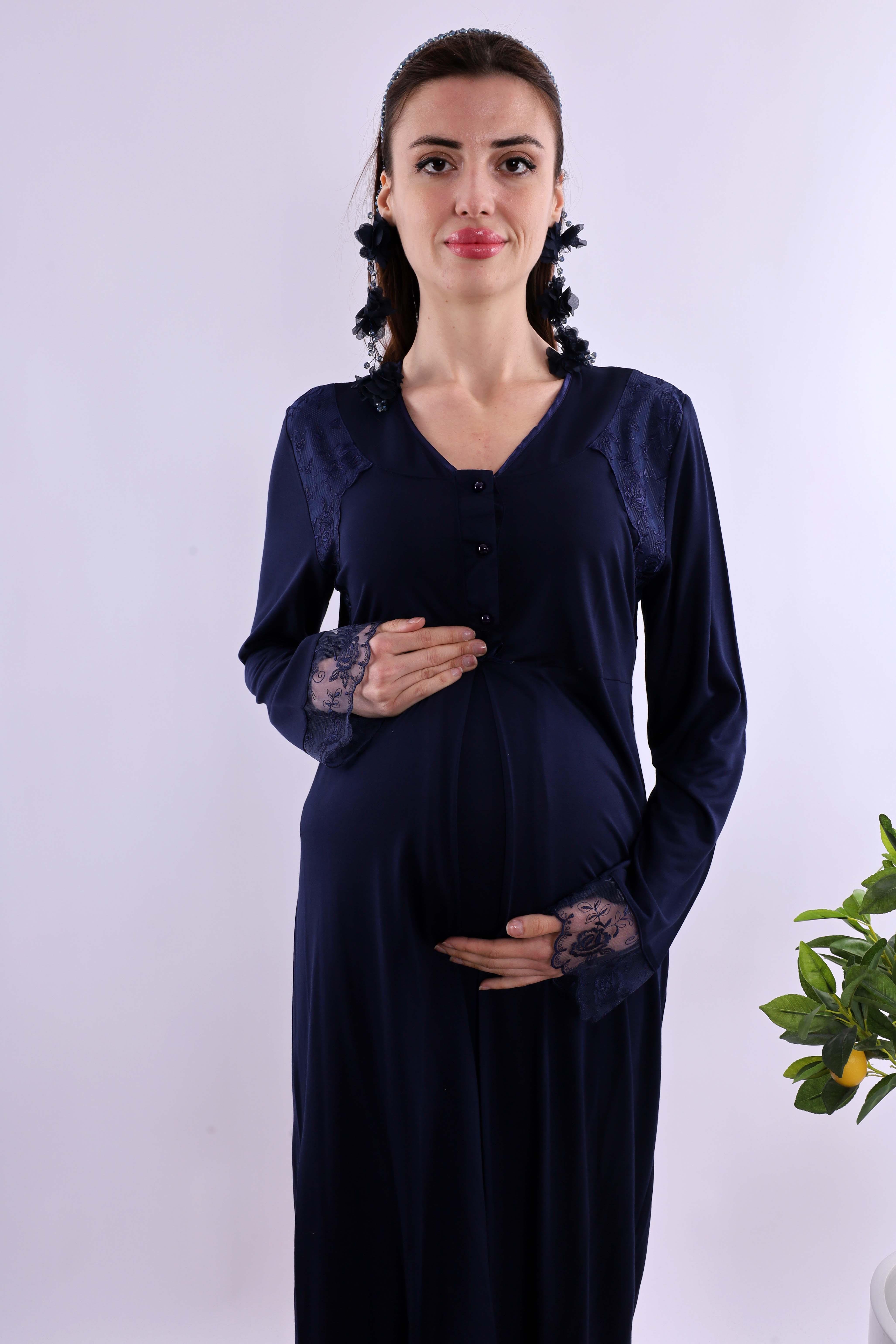 Effortt Lacivert Tesettürlü Sabahlıklı Hamile Lohusa Gecelik Takım BYL2T24252