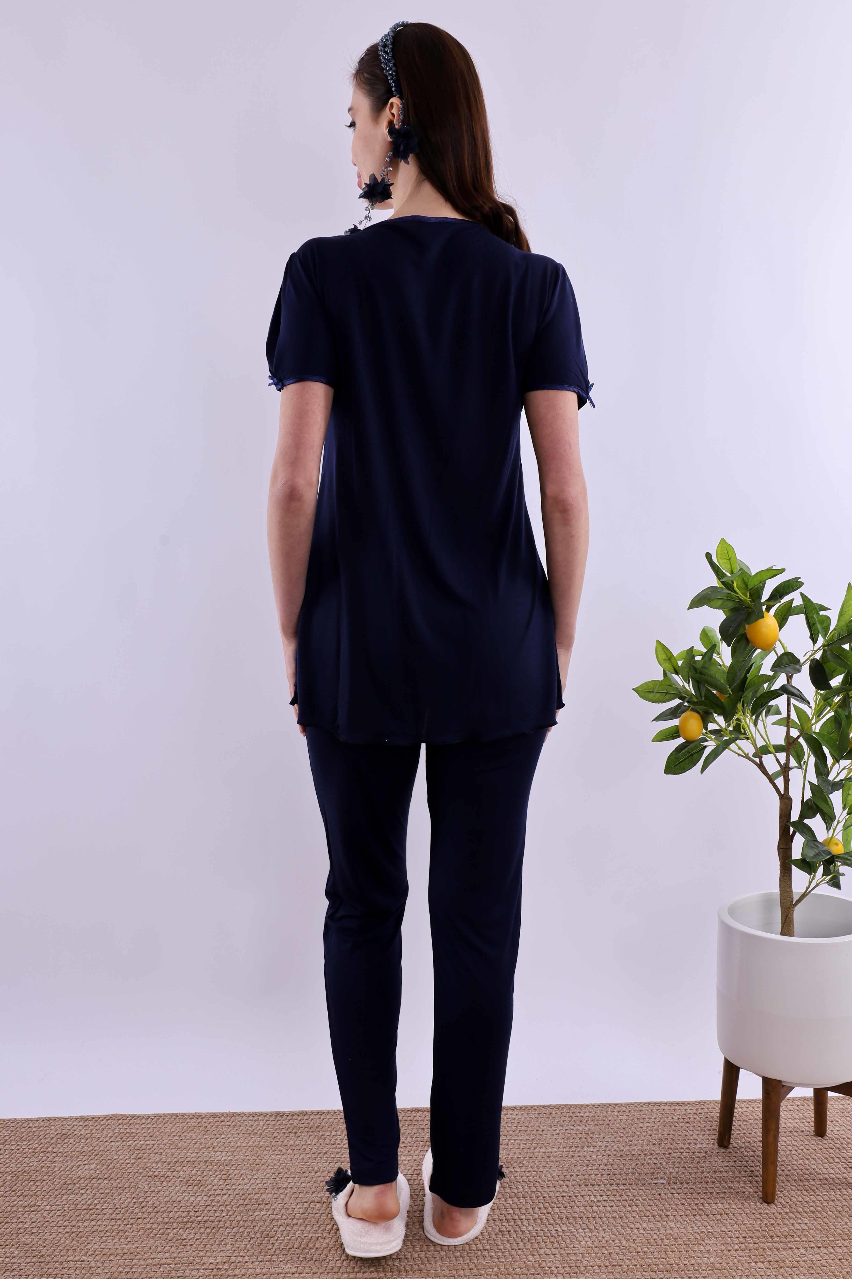 Effortt Lacivert Tesettürlü Sabahlıklı Hamile Lohusa Pijama Takımı BYL2T80242