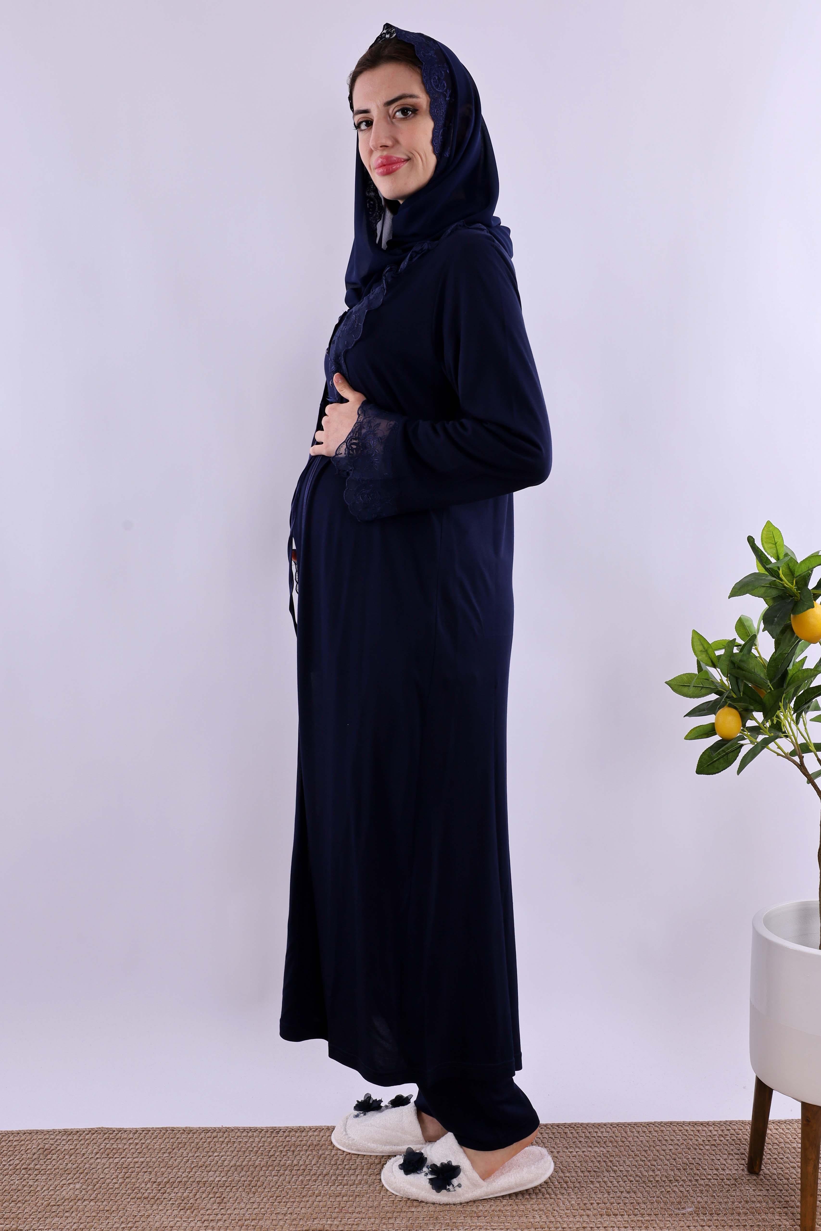 Effortt Lacivert Tesettürlü Sabahlıklı Hamile Lohusa Pijama Takımı BYL2T80242