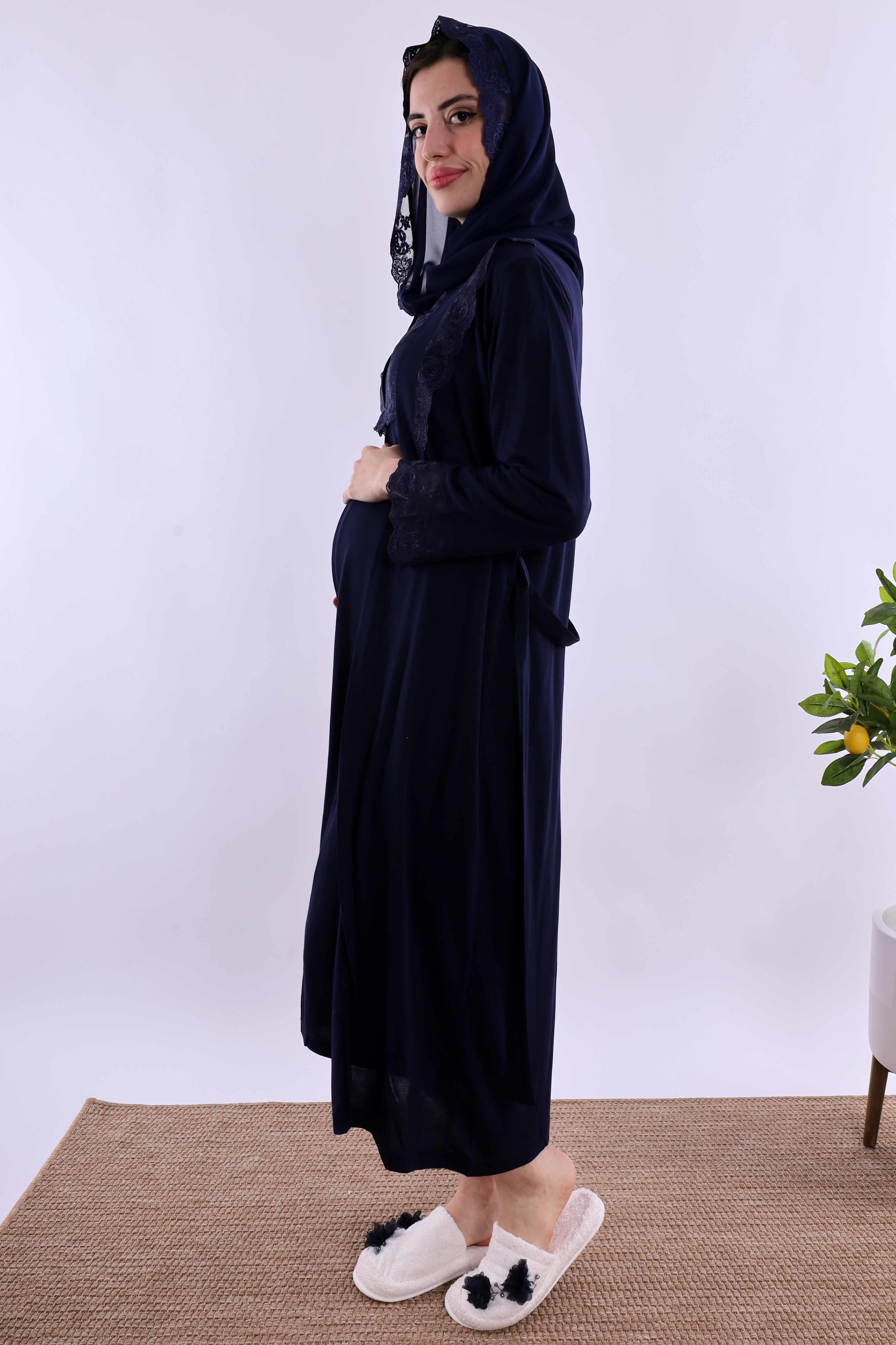 Effortt Lacivert Tesettürlü Sabahlıklı Hamile Lohusa Gecelik Takım BYL2T24022