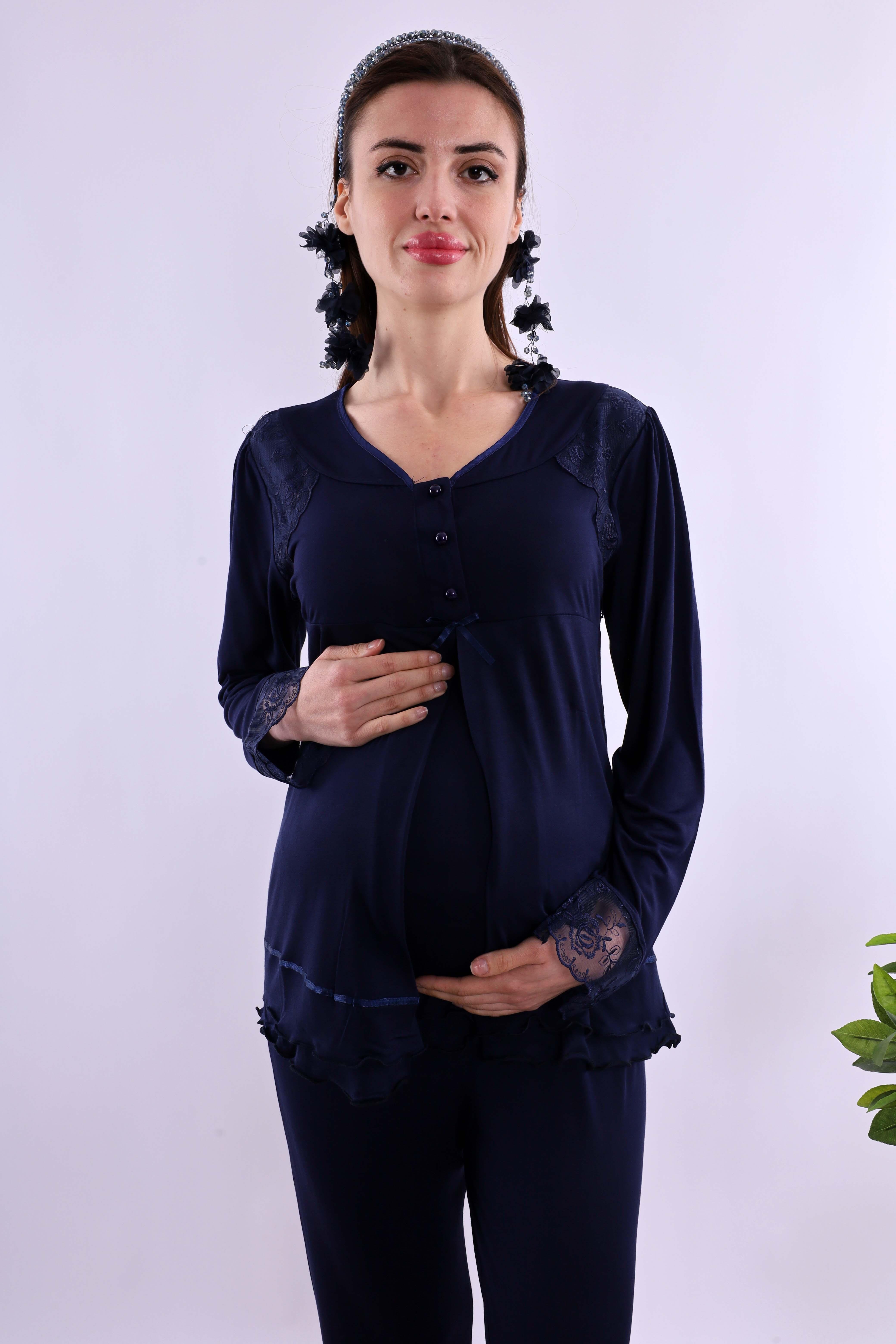 Effortt Lacivert Tesettürlü Sabahlıklı Hamile Lohusa Pijama Takımı BYL2T24242