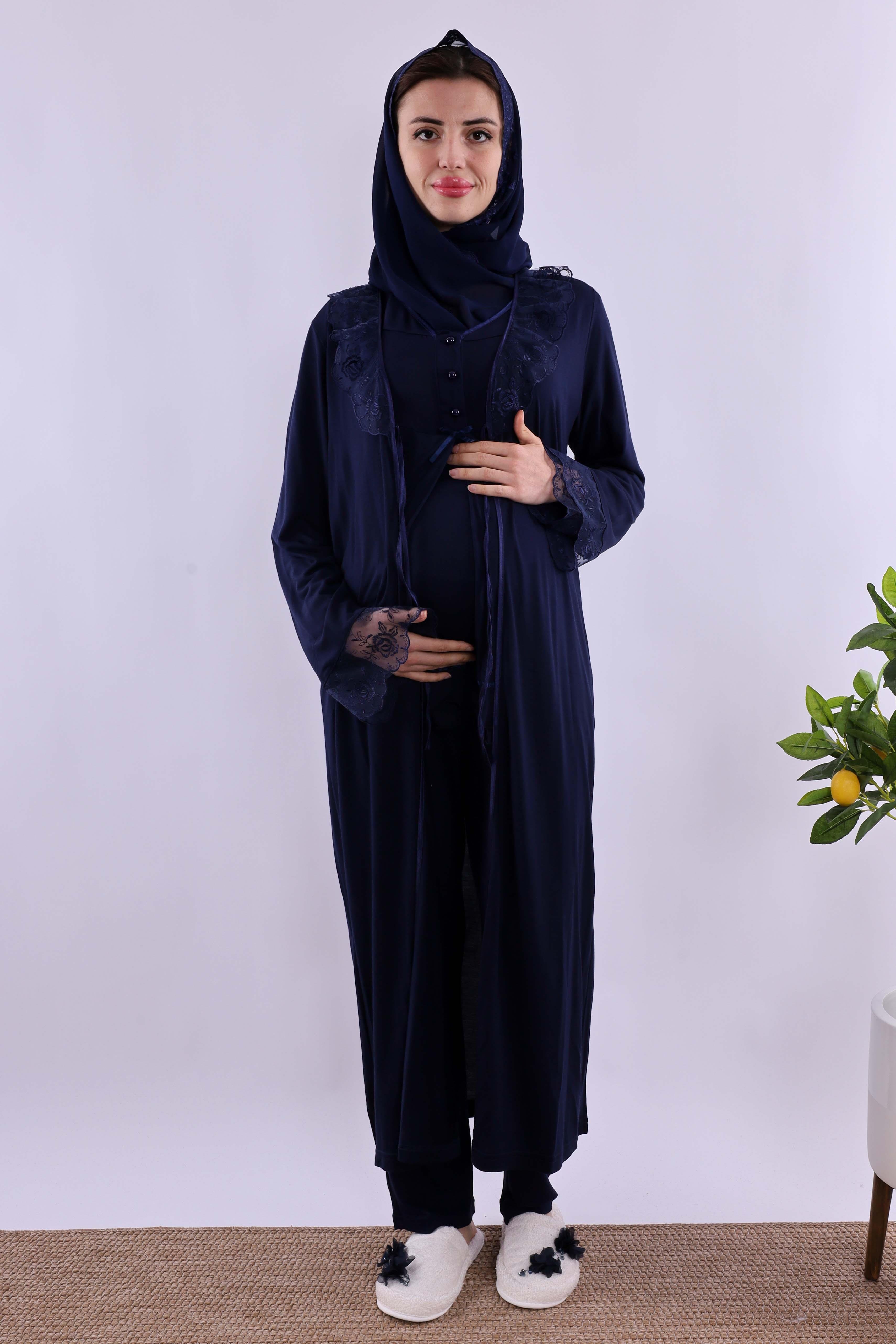 Effortt Lacivert Tesettürlü Sabahlıklı Hamile Lohusa Pijama Takımı BYL2T80242