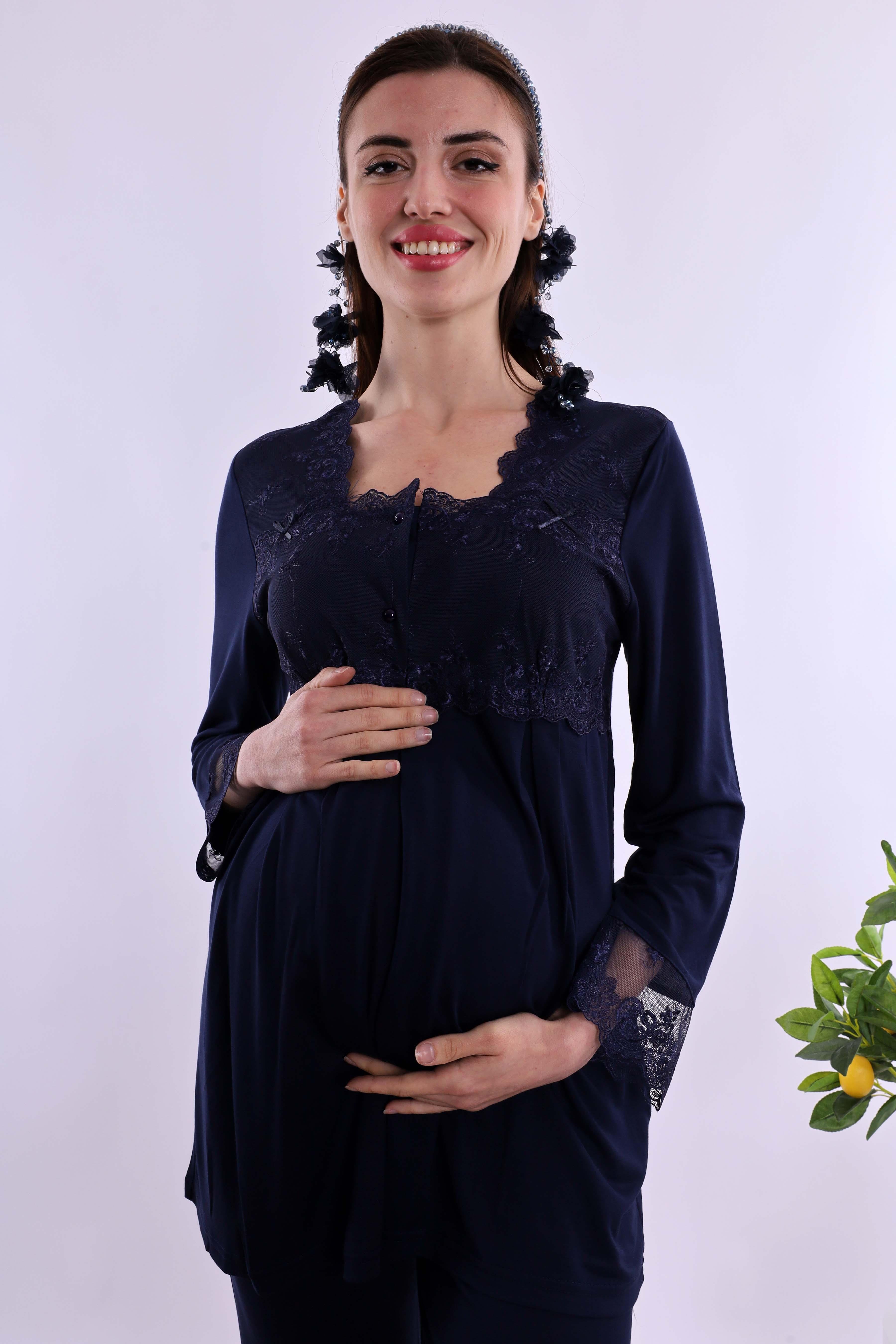 Effortt Lacivert Tesettürlü Uzun Sabahlıklı Hamile Lohusa Pijama Takımı BYL2T24072