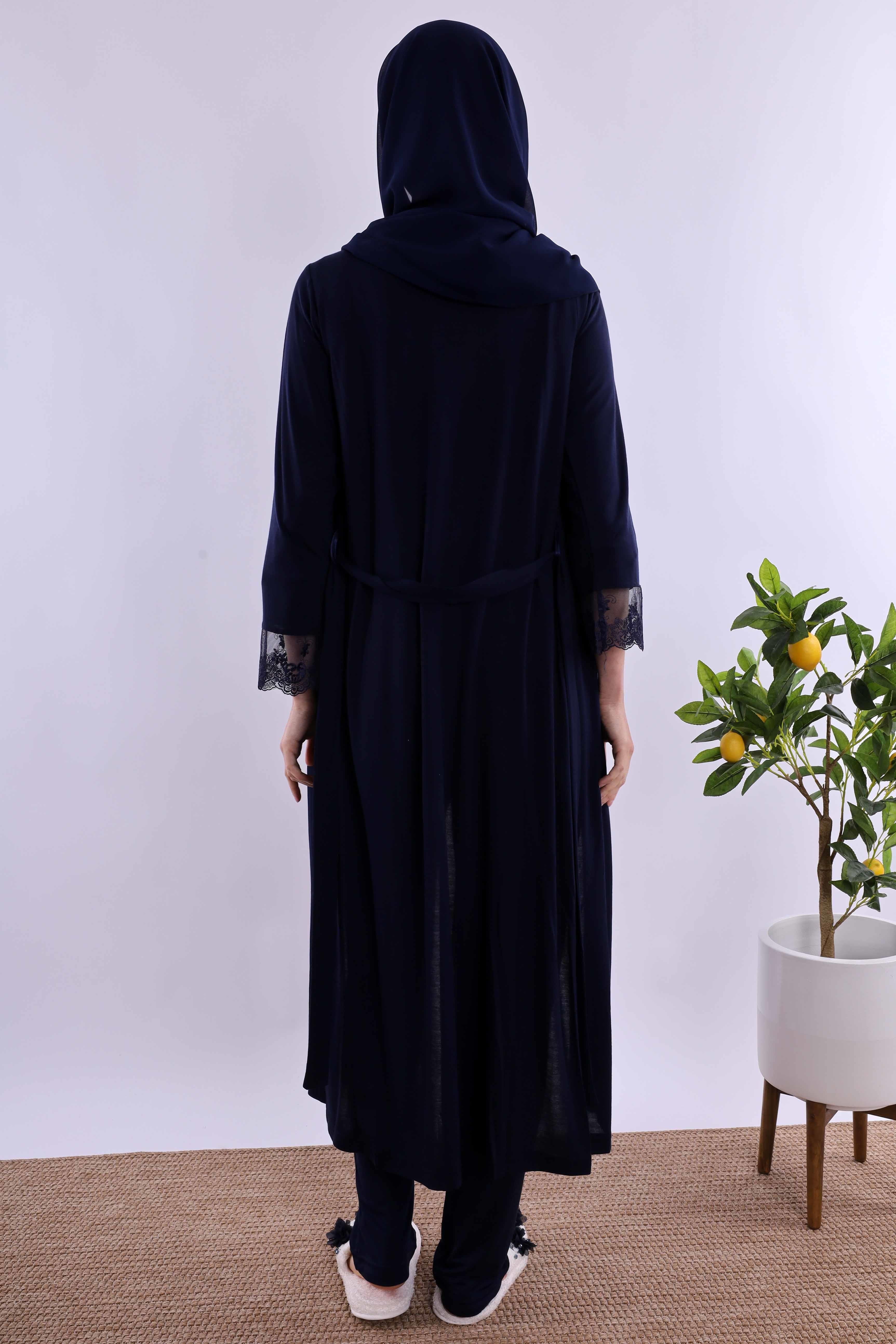 Effortt Lacivert Tesettürlü Uzun Sabahlıklı Hamile Lohusa Pijama Takımı BYL2T24072