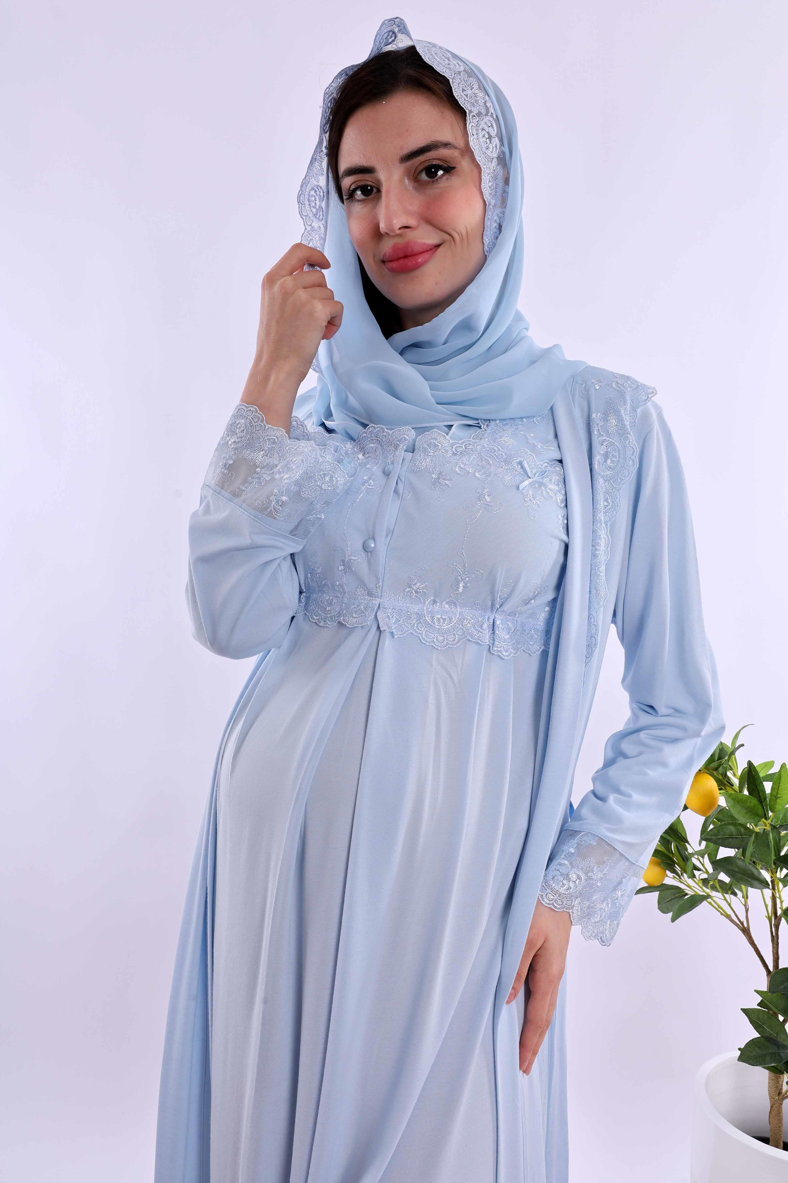 Effortt Mavi Tesettürlü Sabahlıklı Hamile Lohusa Gecelik Takım BYL2T24022