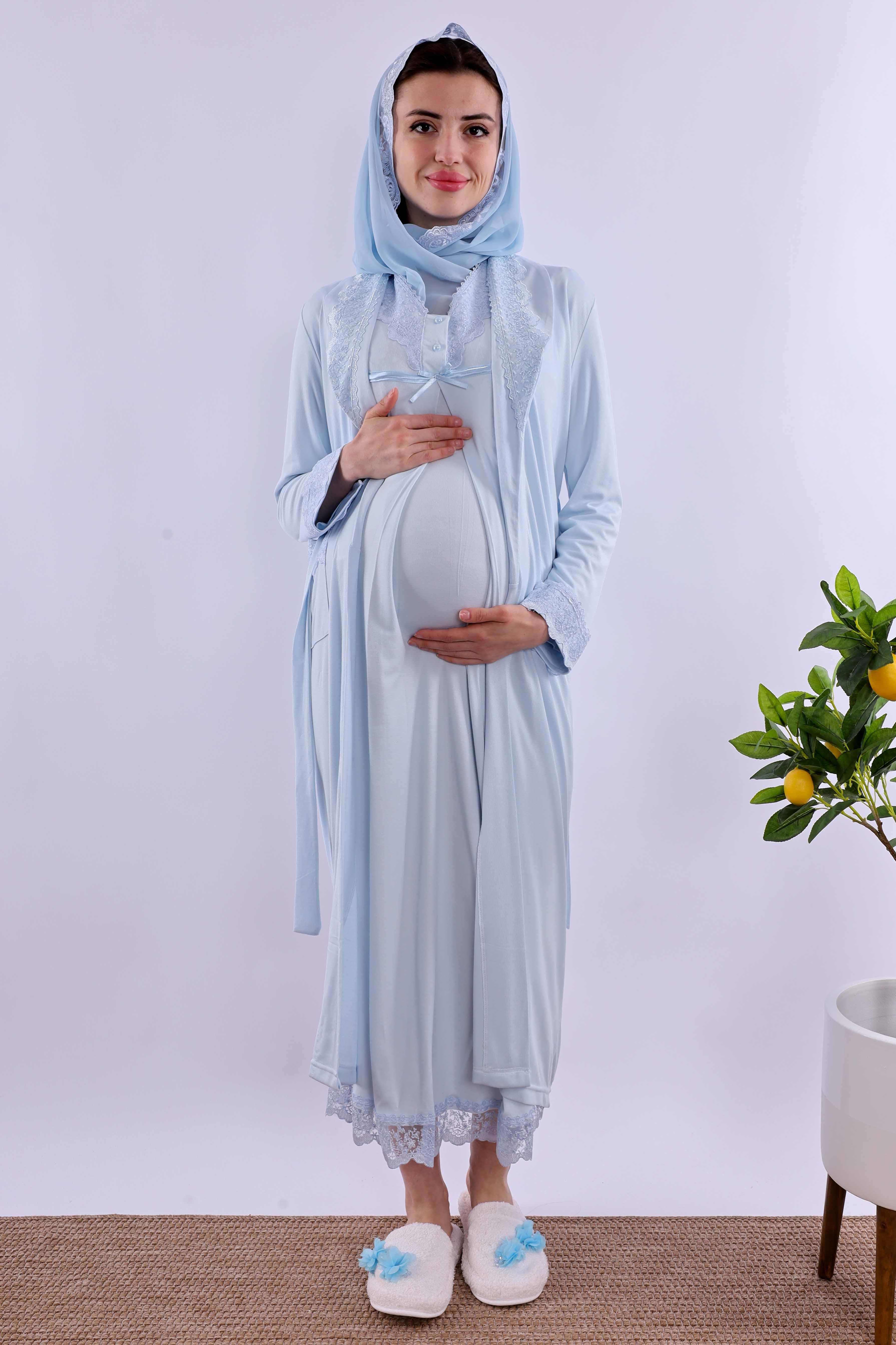 Effortt Mavi Tesettürlü Sabahlıklı Hamile Lohusa Gecelik Takım BYL2T40352