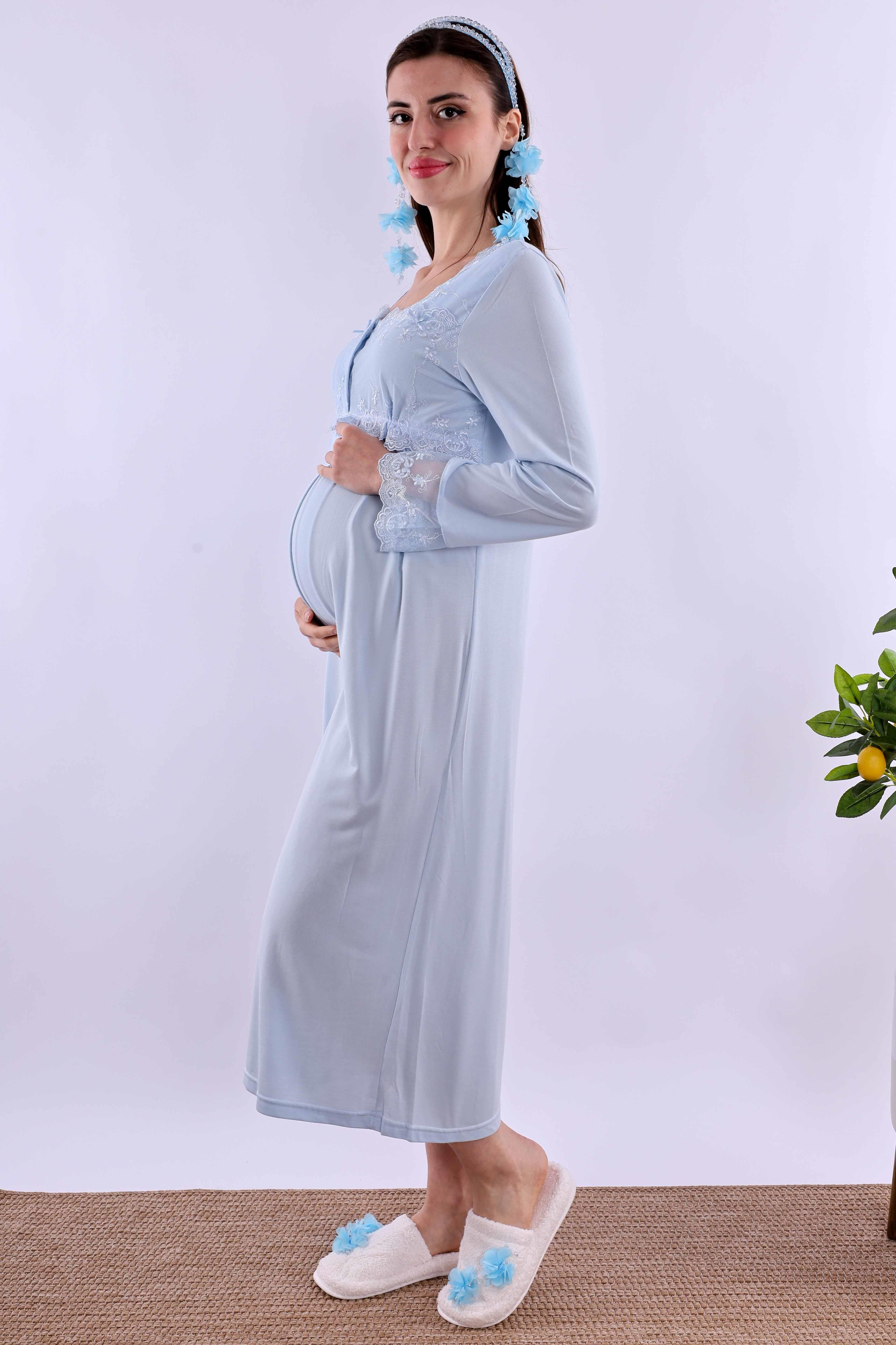 Effortt Mavi Tesettürlü Sabahlıklı Hamile Lohusa Gecelik Takım BYL2T24022