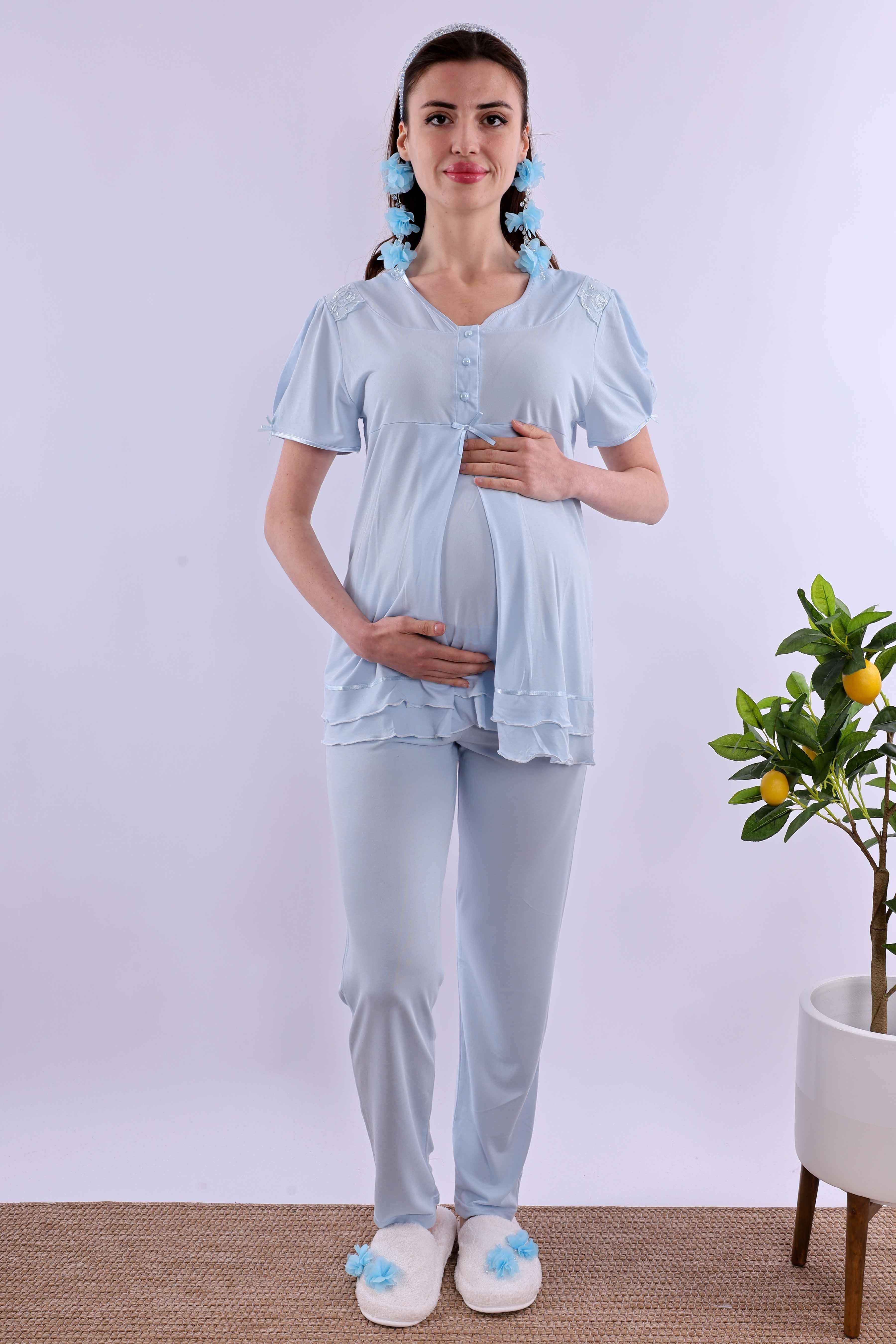 Effortt Mavi Tesettürlü Sabahlıklı Hamile Lohusa Pijama Takımı BYL2T80242