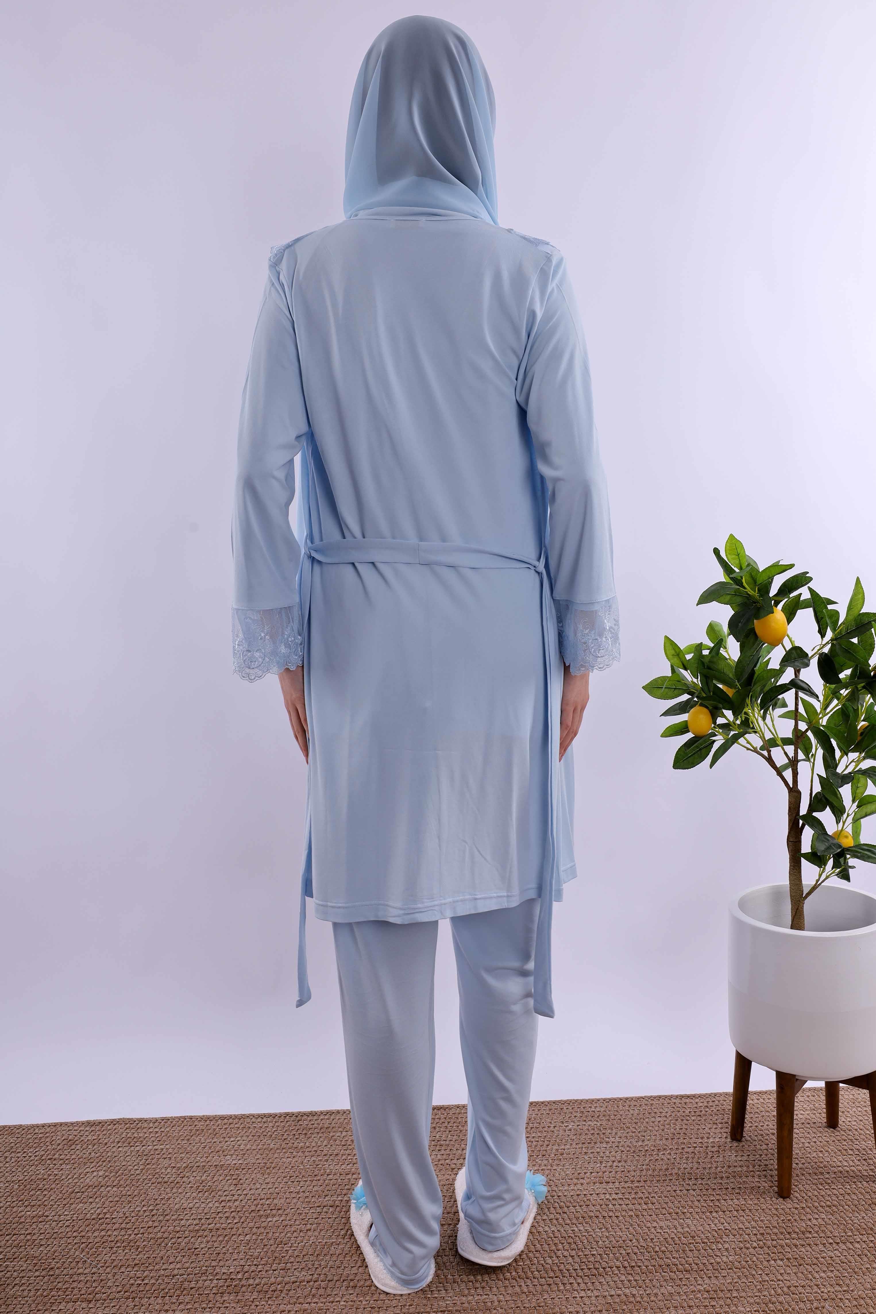 Effortt Mavi Tesettürlü Sabahlıklı Hamile Lohusa Pijama Takımı BYL2T24012