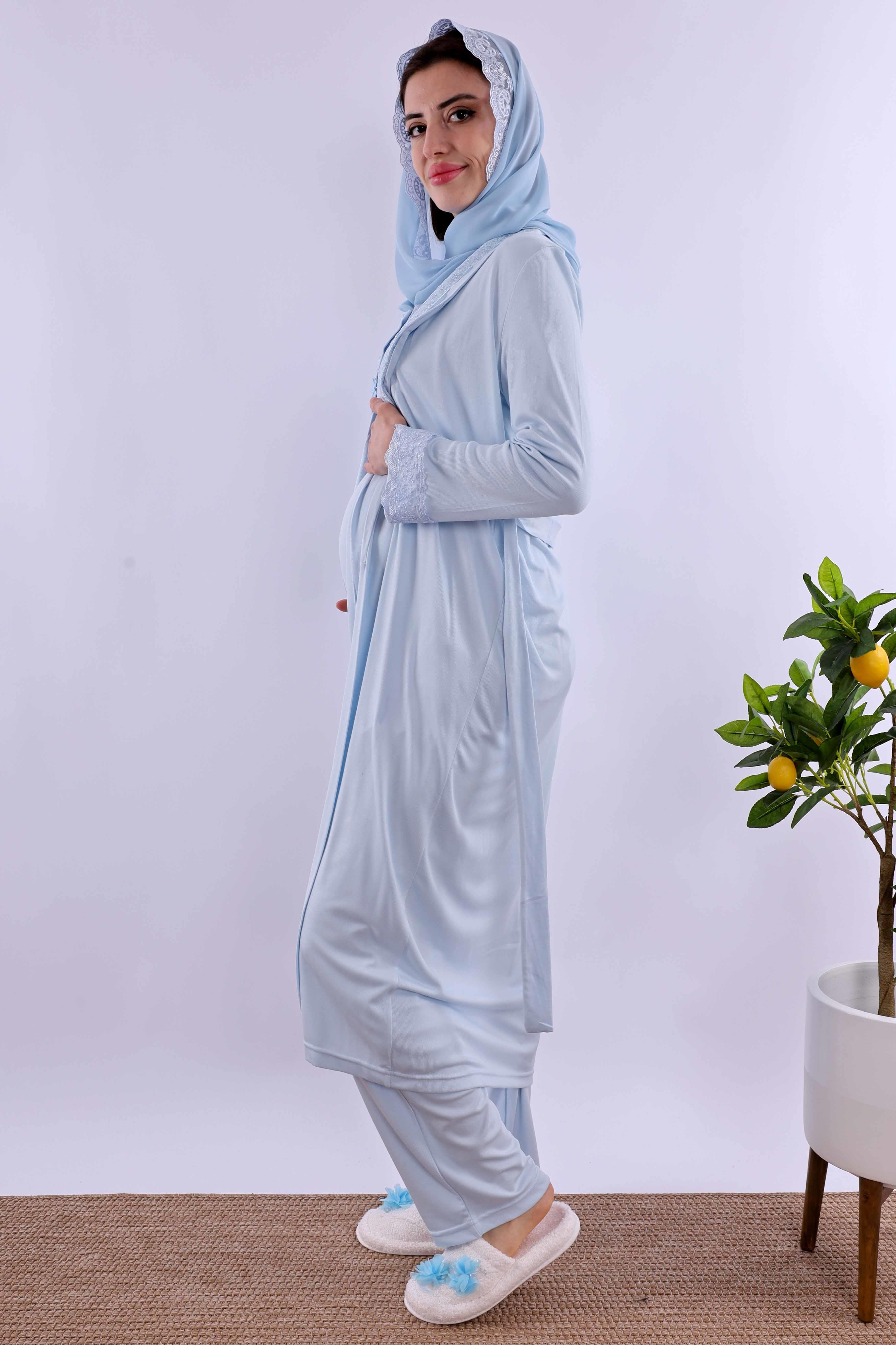 Effortt Mavi Tesettürlü Sabahlıklı Hamile Lohusa Pijama Takımı BYL2T40342