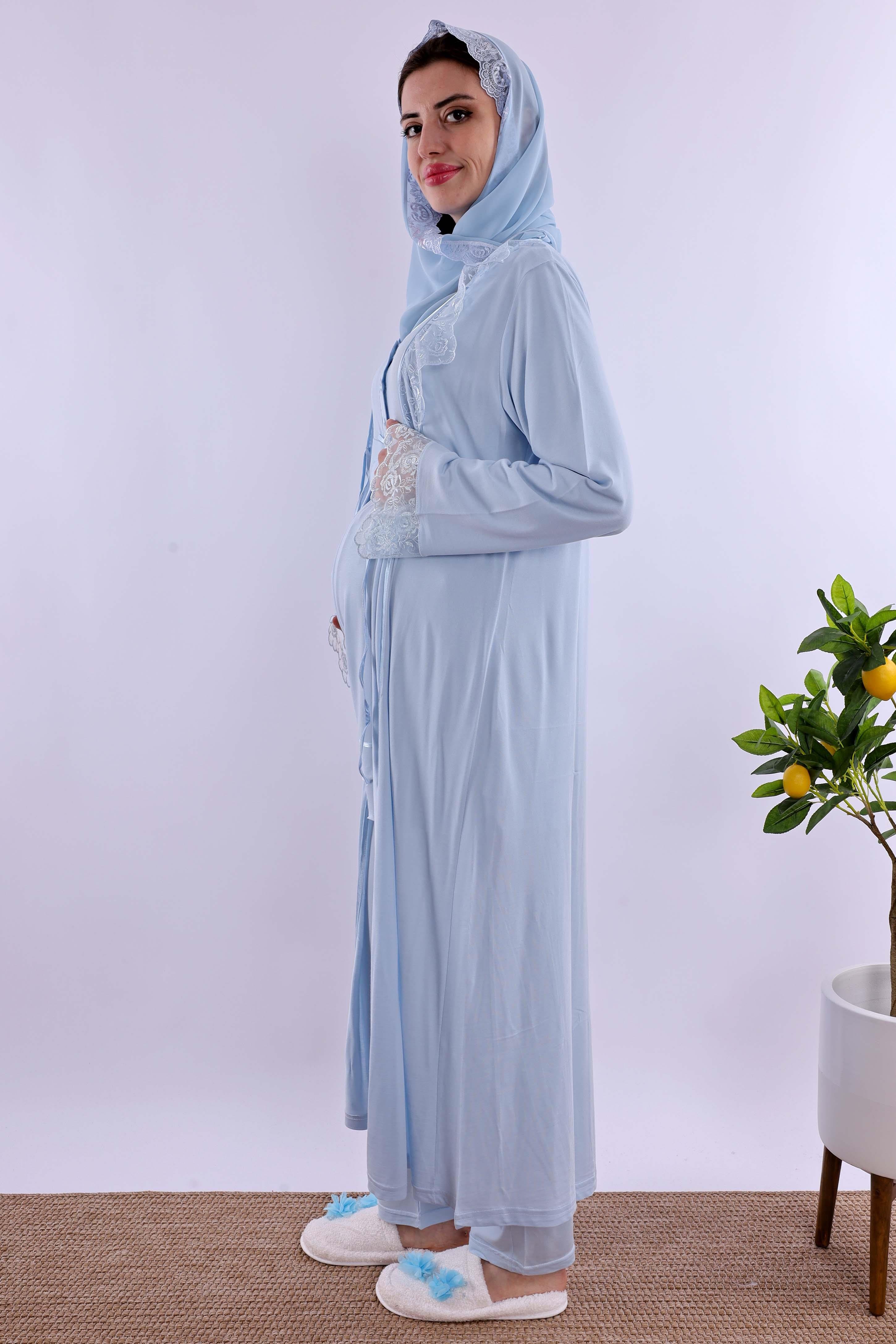 Effortt Mavi Tesettürlü Sabahlıklı Hamile Lohusa Pijama Takımı BYL2T80242