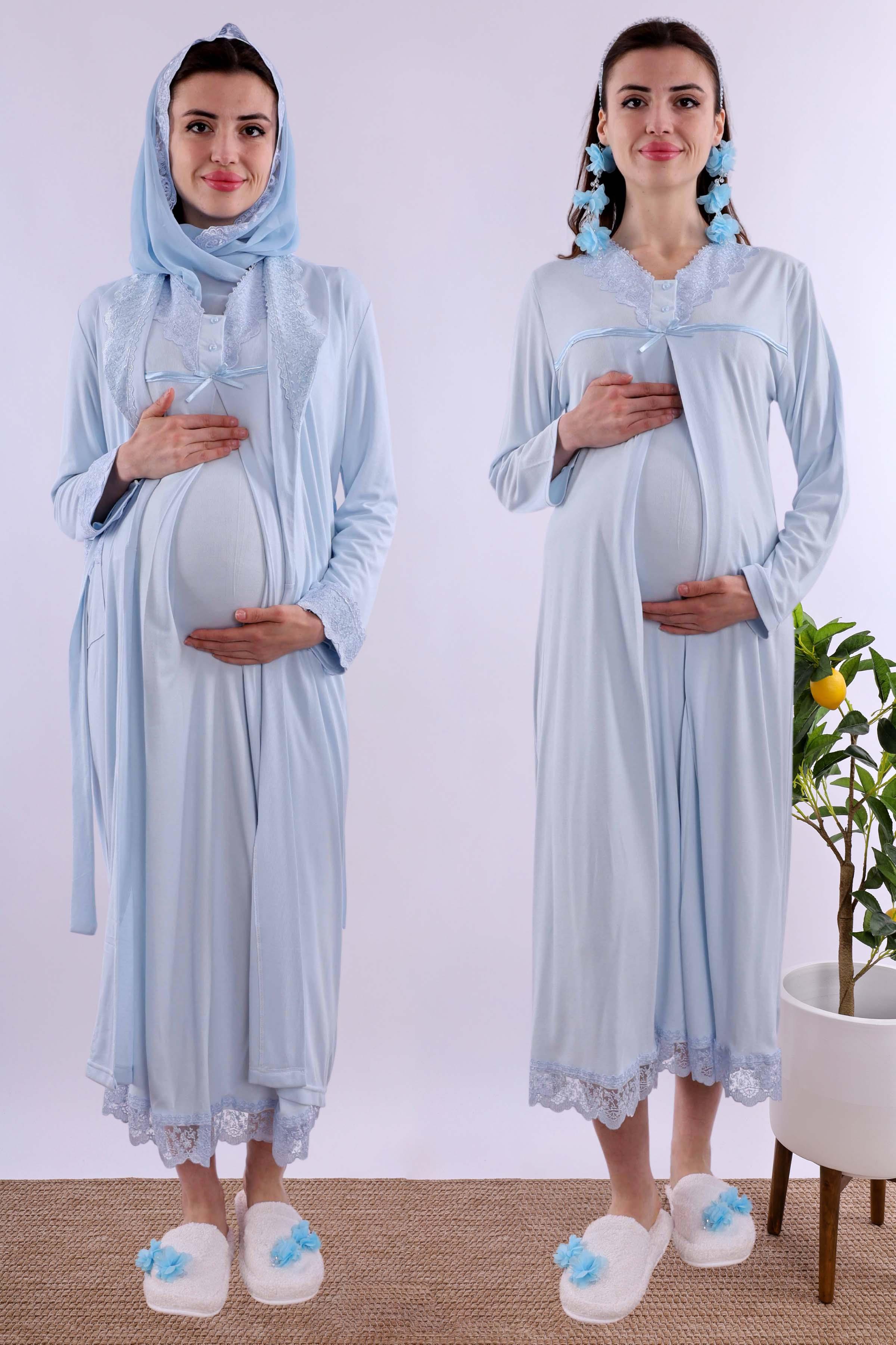 Effortt Mavi Tesettürlü Sabahlıklı Hamile Lohusa Gecelik Takım BYL2T40352