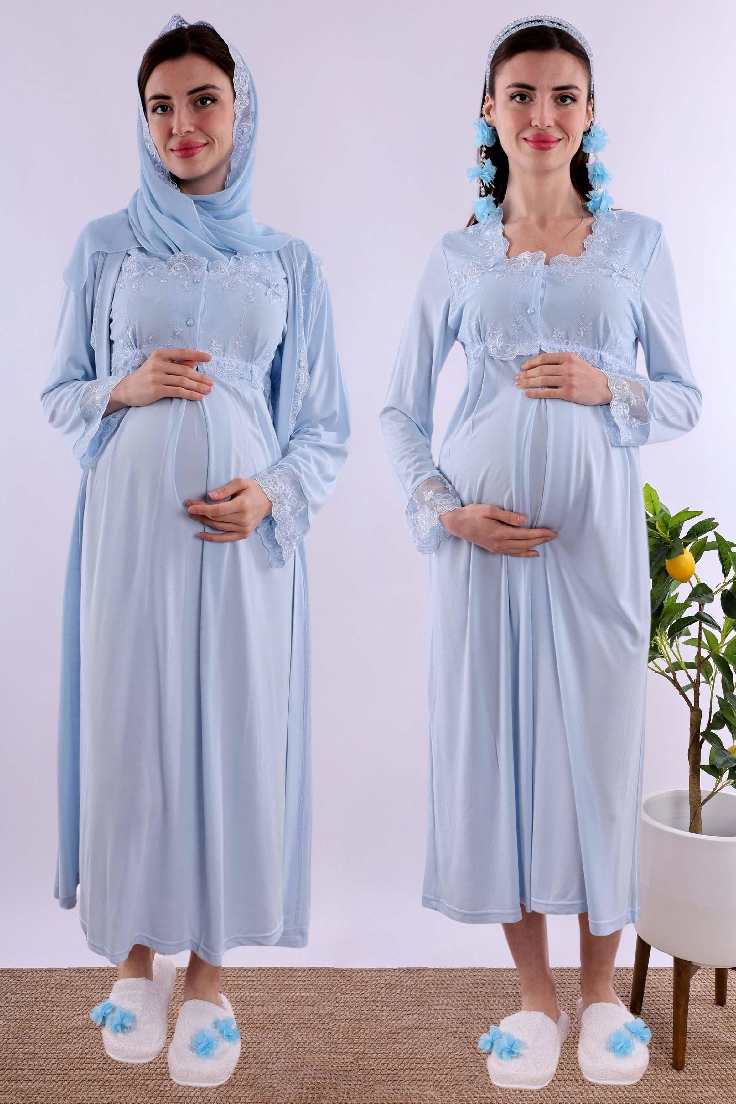 Effortt Mavi Tesettürlü Sabahlıklı Hamile Lohusa Gecelik Takım BYL2T24022