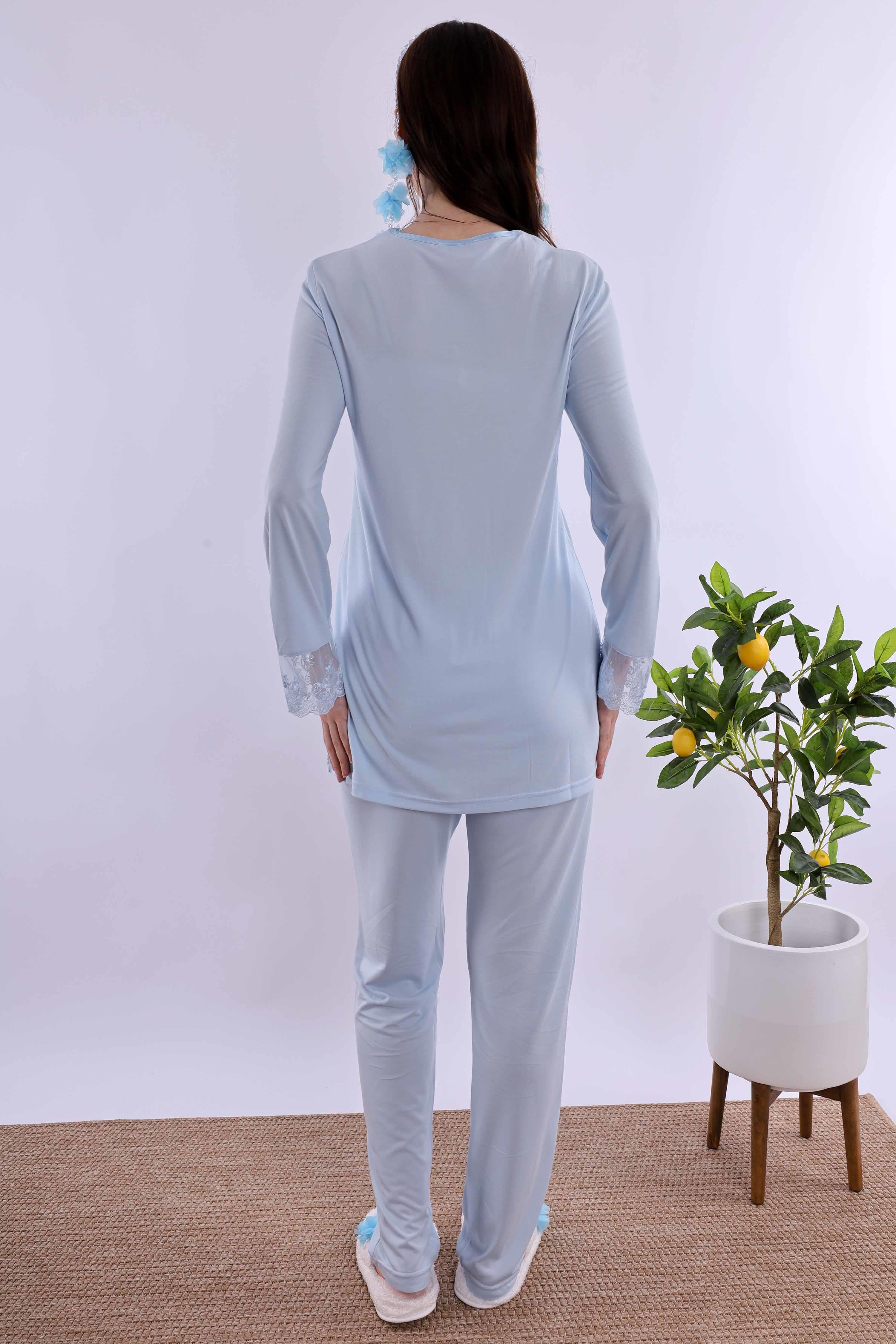 Effortt Mavi Tesettürlü Sabahlıklı Hamile Lohusa Pijama Takımı BYL2T24012