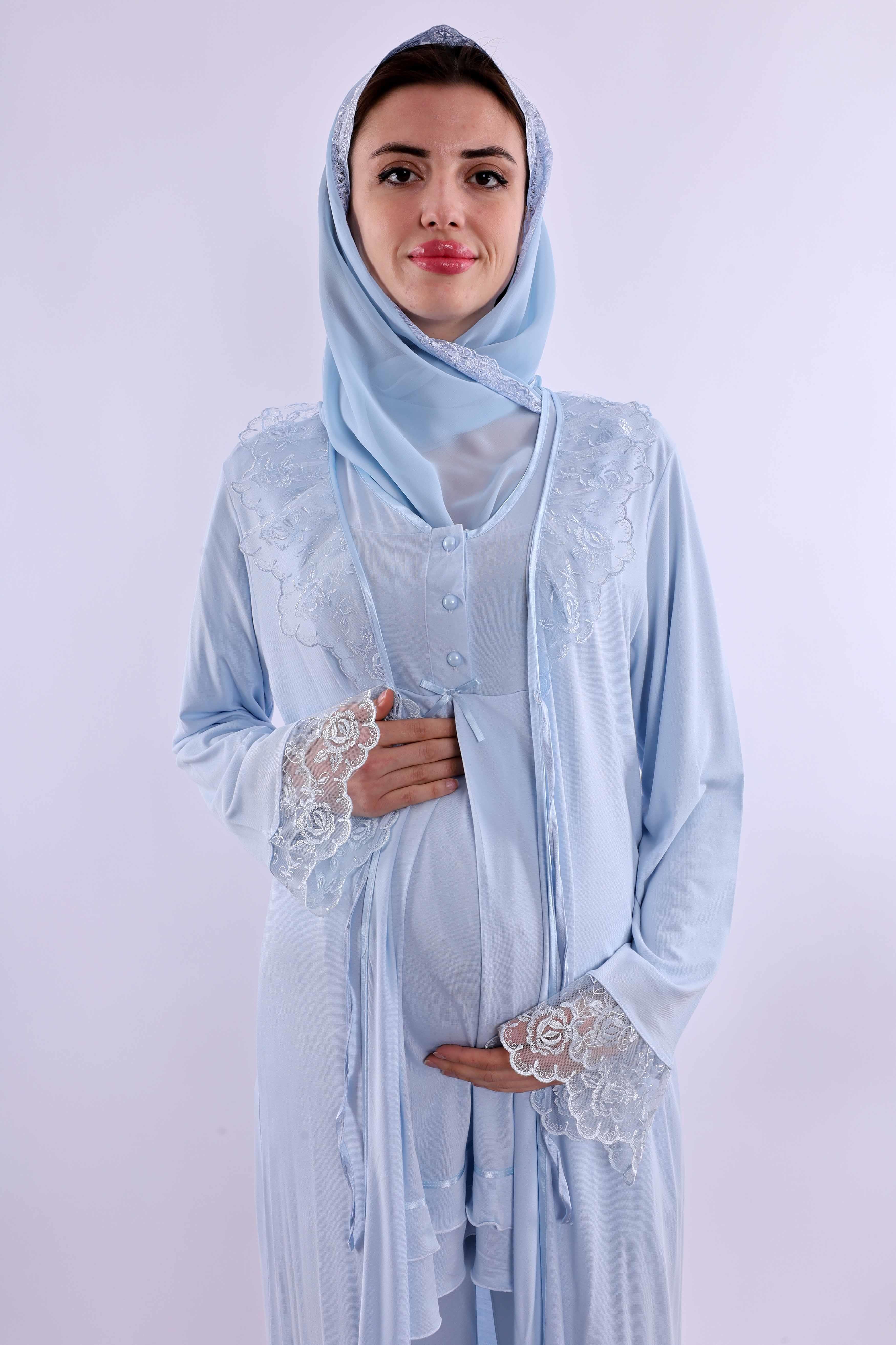 Effortt Mavi Tesettürlü Sabahlıklı Hamile Lohusa Pijama Takımı BYL2T24242