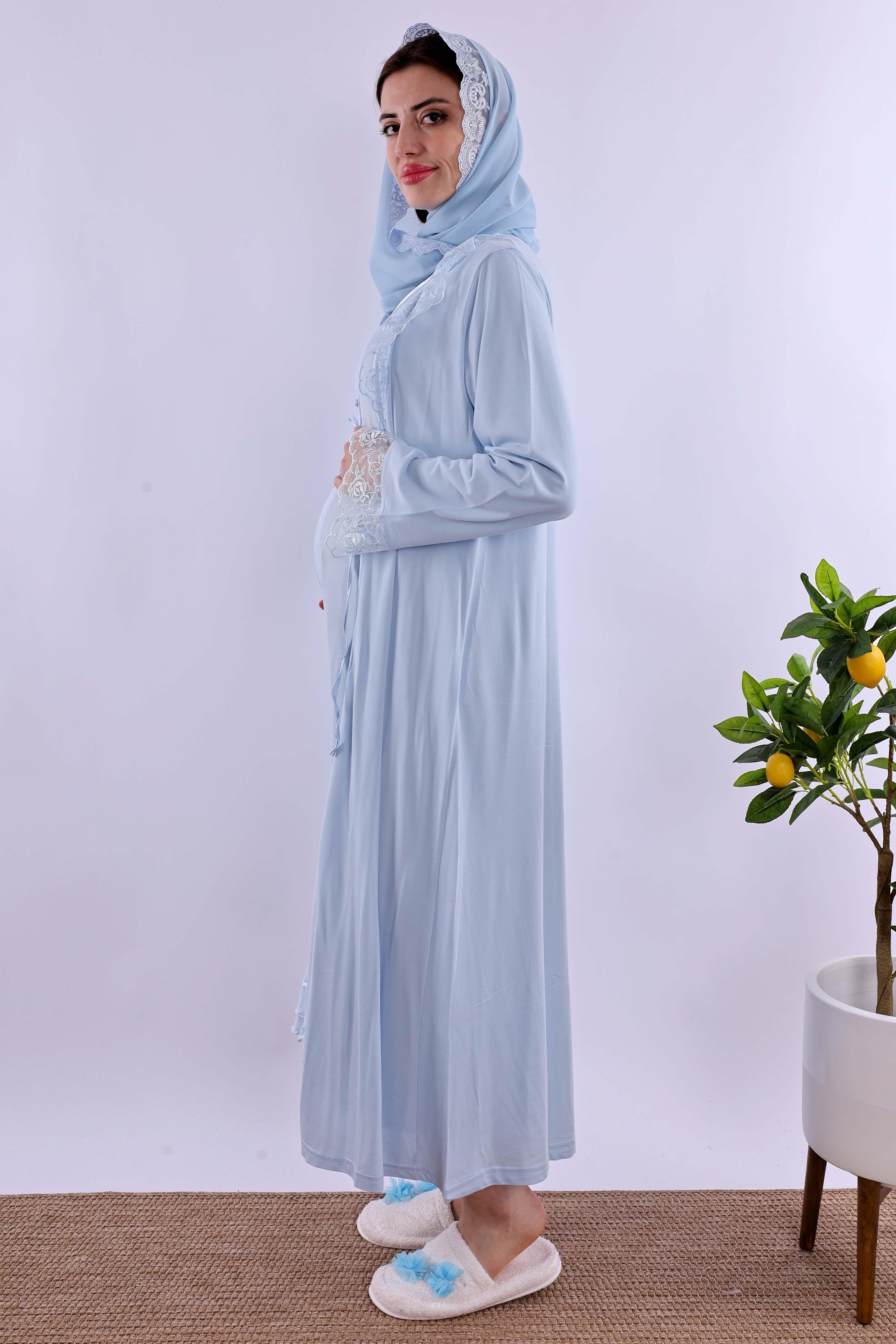 Effortt Mavi Tesettürlü Sabahlıklı Hamile Lohusa Gecelik Takım BYL2T80252