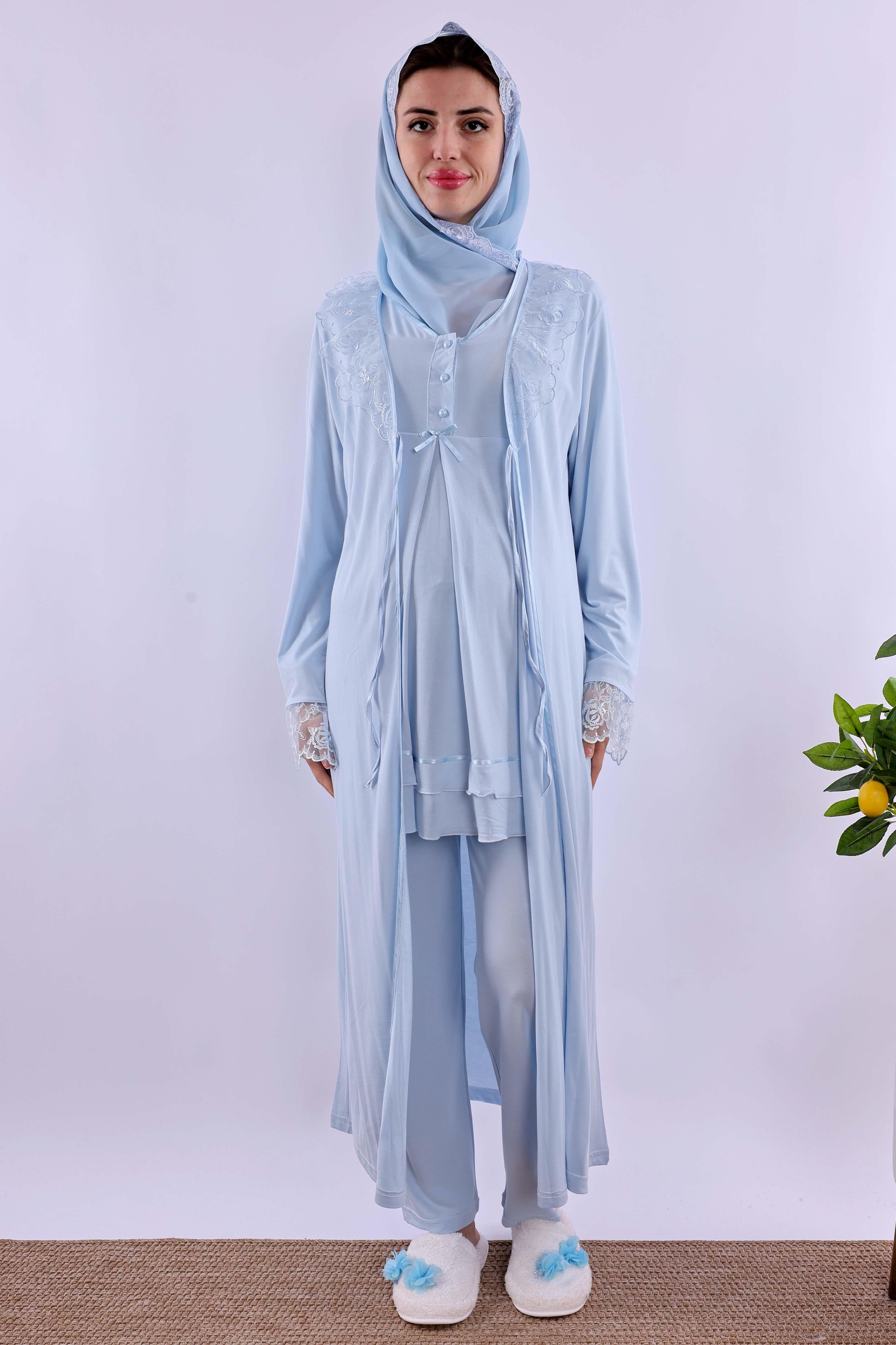 Effortt Mavi Tesettürlü Sabahlıklı Hamile Lohusa Pijama Takımı BYL2T80242