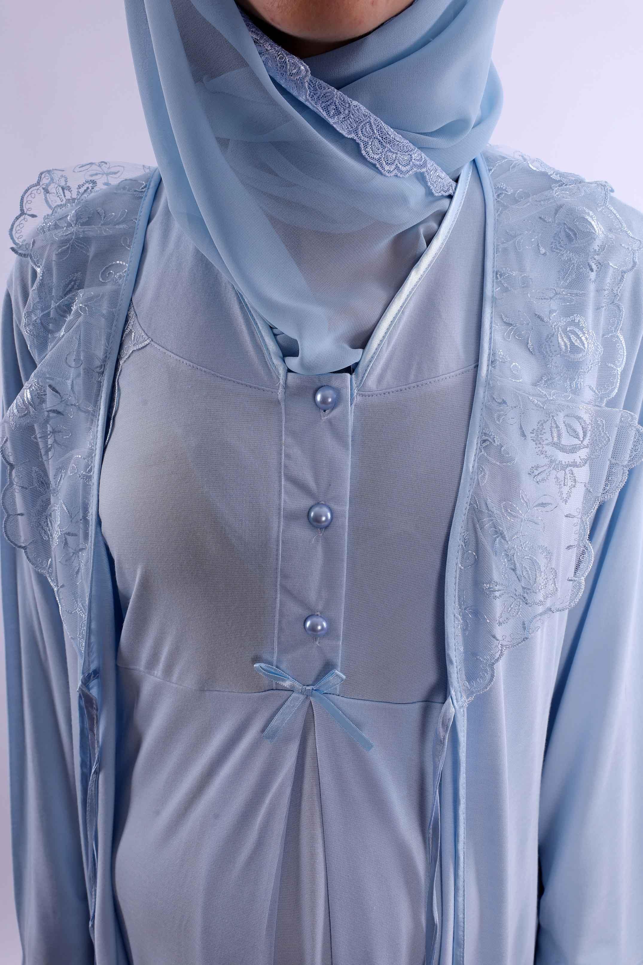 Effortt Mavi Tesettürlü Sabahlıklı Hamile Lohusa Gecelik Takım BYL2T80252