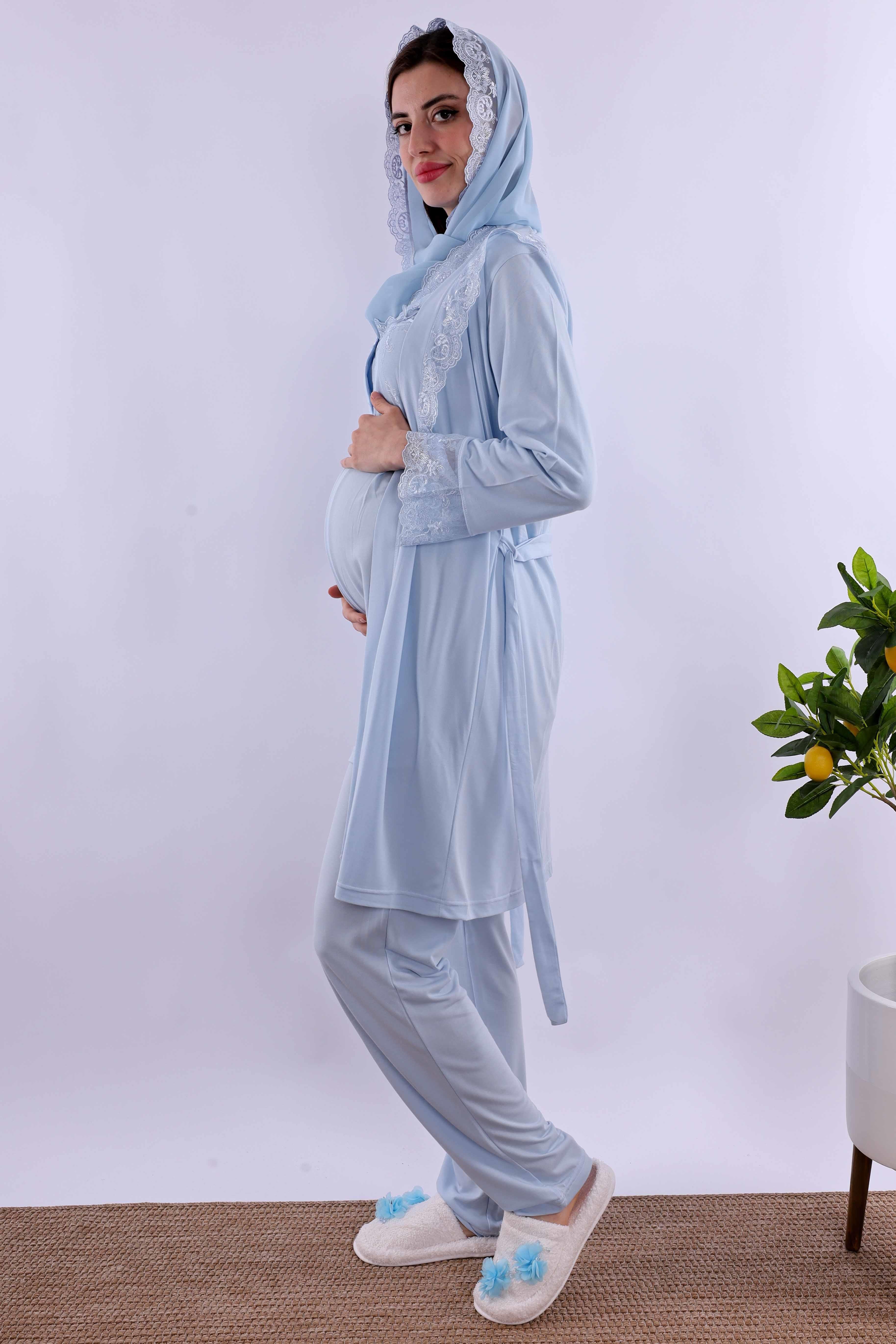 Effortt Mavi Tesettürlü Sabahlıklı Hamile Lohusa Pijama Takımı BYL2T24012