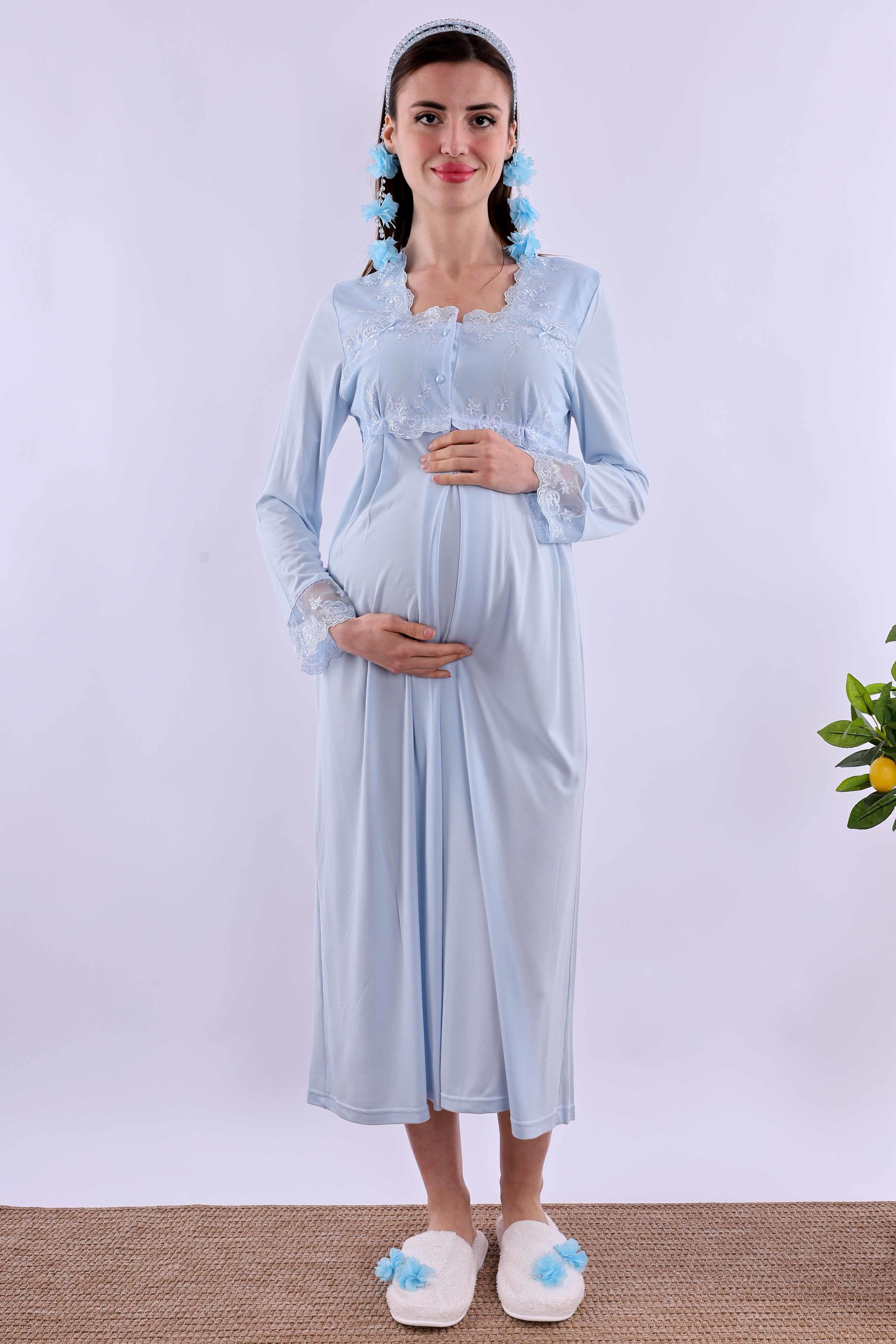 Effortt Mavi Tesettürlü Sabahlıklı Hamile Lohusa Gecelik Takım BYL2T24022