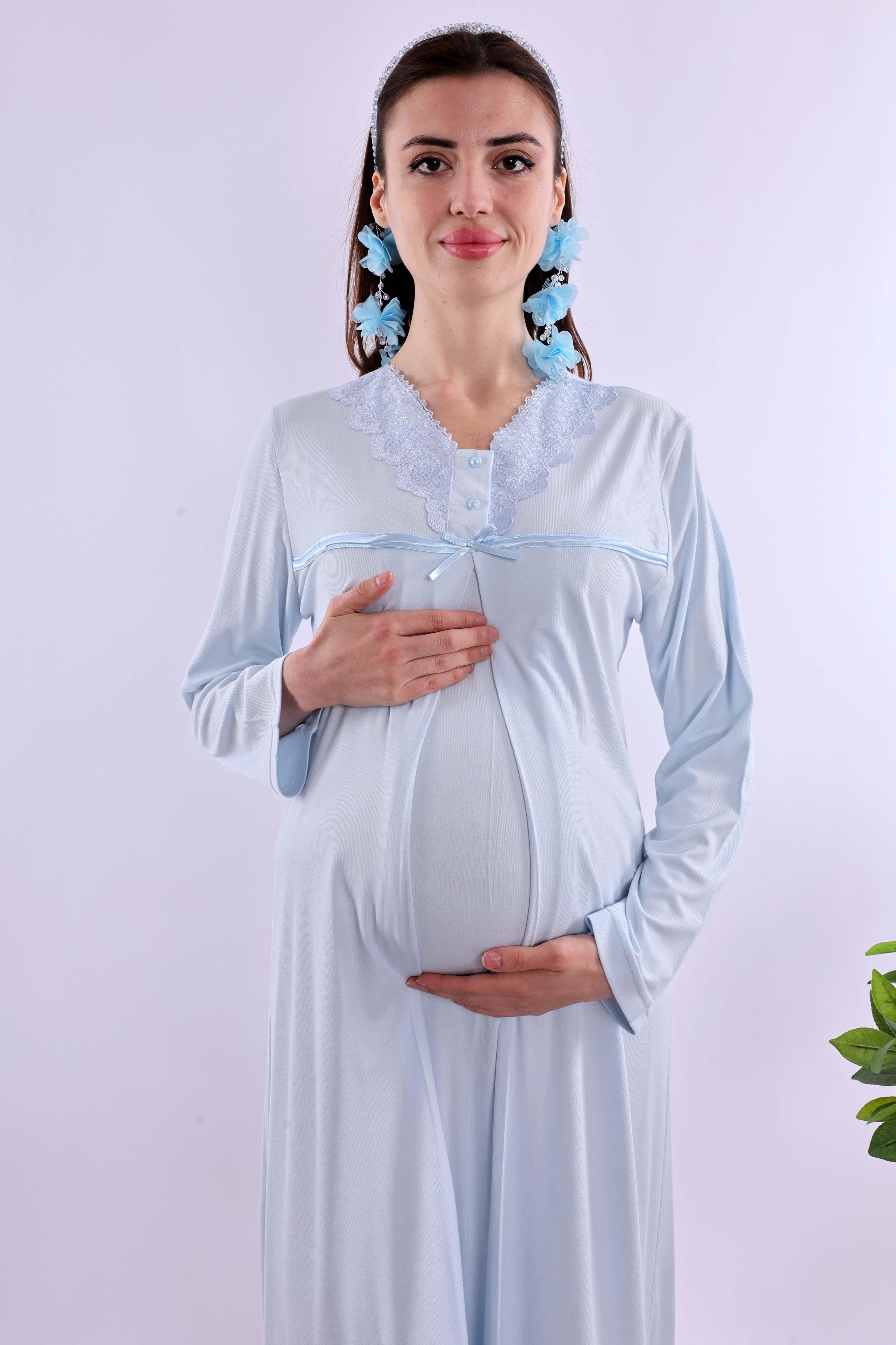 Effortt Mavi Tesettürlü Sabahlıklı Hamile Lohusa Gecelik Takım BYL2T40352